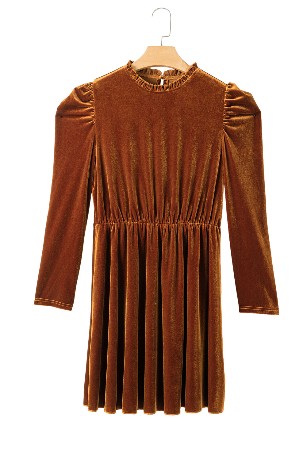 Elegant Chestnut Velvet Swing Dress with Frilled Neck and Gigot Sleeves - Perfect for Autumn Events and Holiday Gatherings