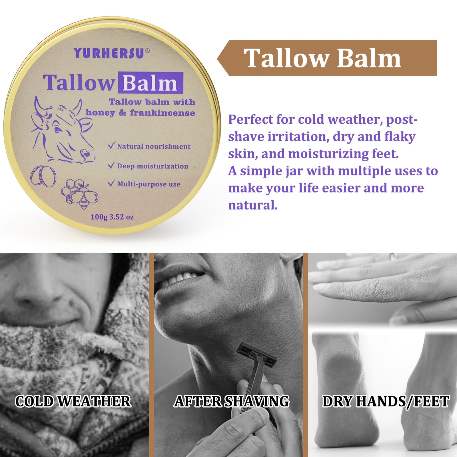 Tallow Balm 3.38 oz – All-Purpose Skin Care with Olive Oil & Vitamin E