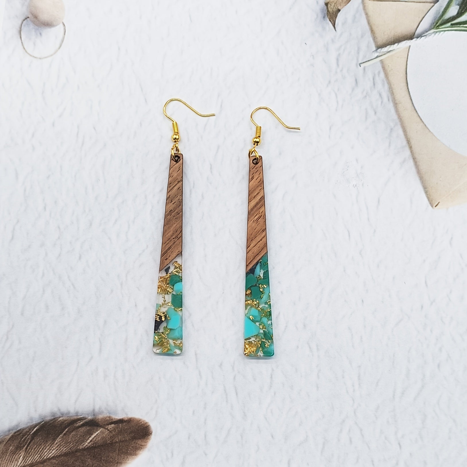 2pcs Retro Spliced Resin & Wooden Long Irregular Bar Dangle Earrings - Unique Statement Jewelry for Women