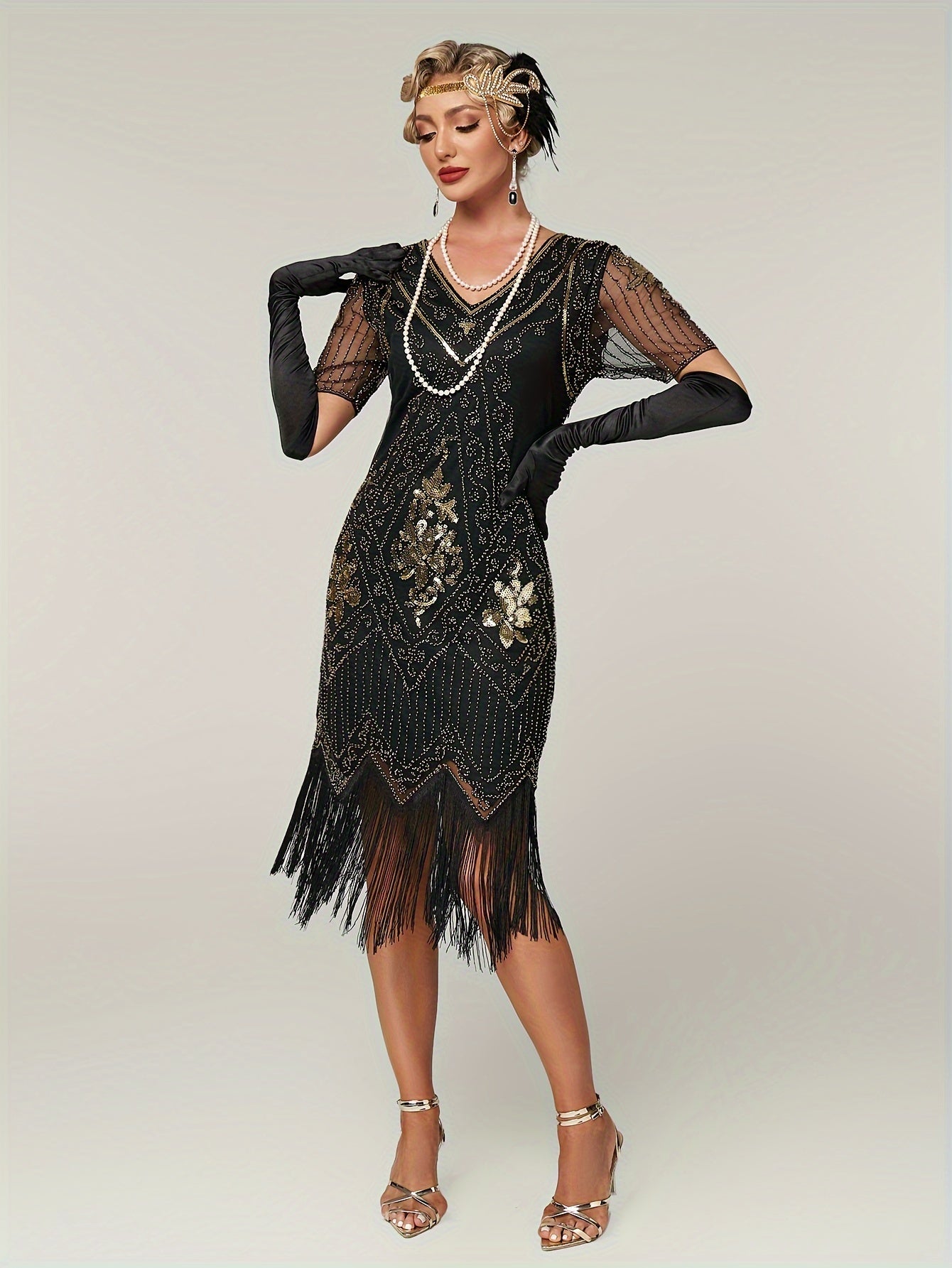 Retro Short Sequin Flapper Dress - V-Neck Slim Fit with Illusion Sleeves & Fringe Detail, Women's Vintage-Inspired Party Clothing