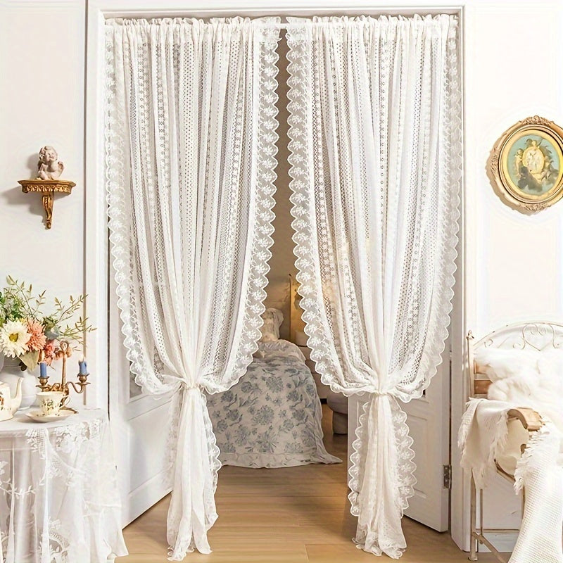 1 Panel Luxury Vintage French Lace Tulle Curtain with Geometric Hollow Pattern – Romantic Sheer Drapery for Living Room & Bedroom