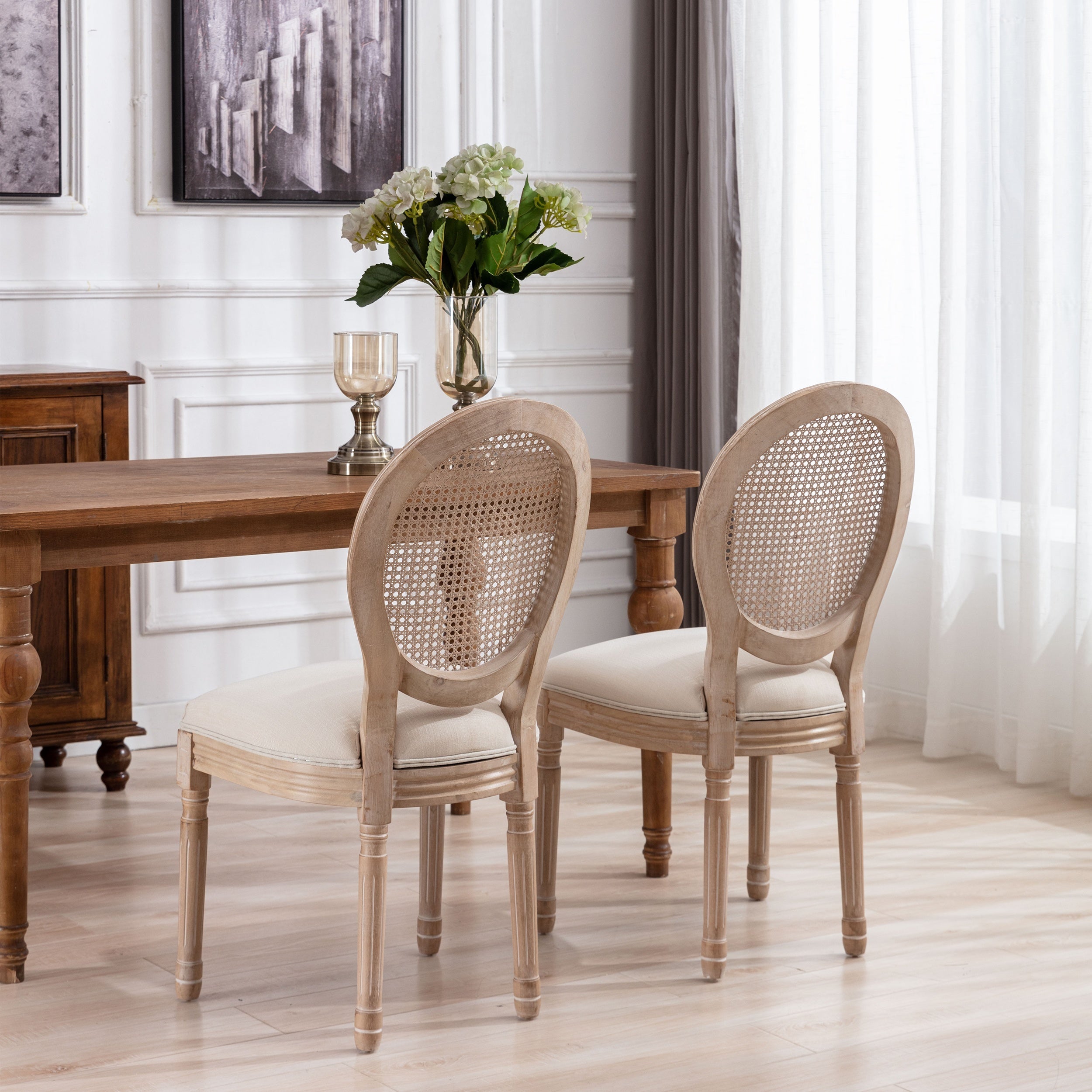 Set of 2 Cream-Colored French-Style Dining Chairs - Solid Wood Frame, Linen Seat & Rattan Back - Durable & Elegant Indoor/Outdoor Seating