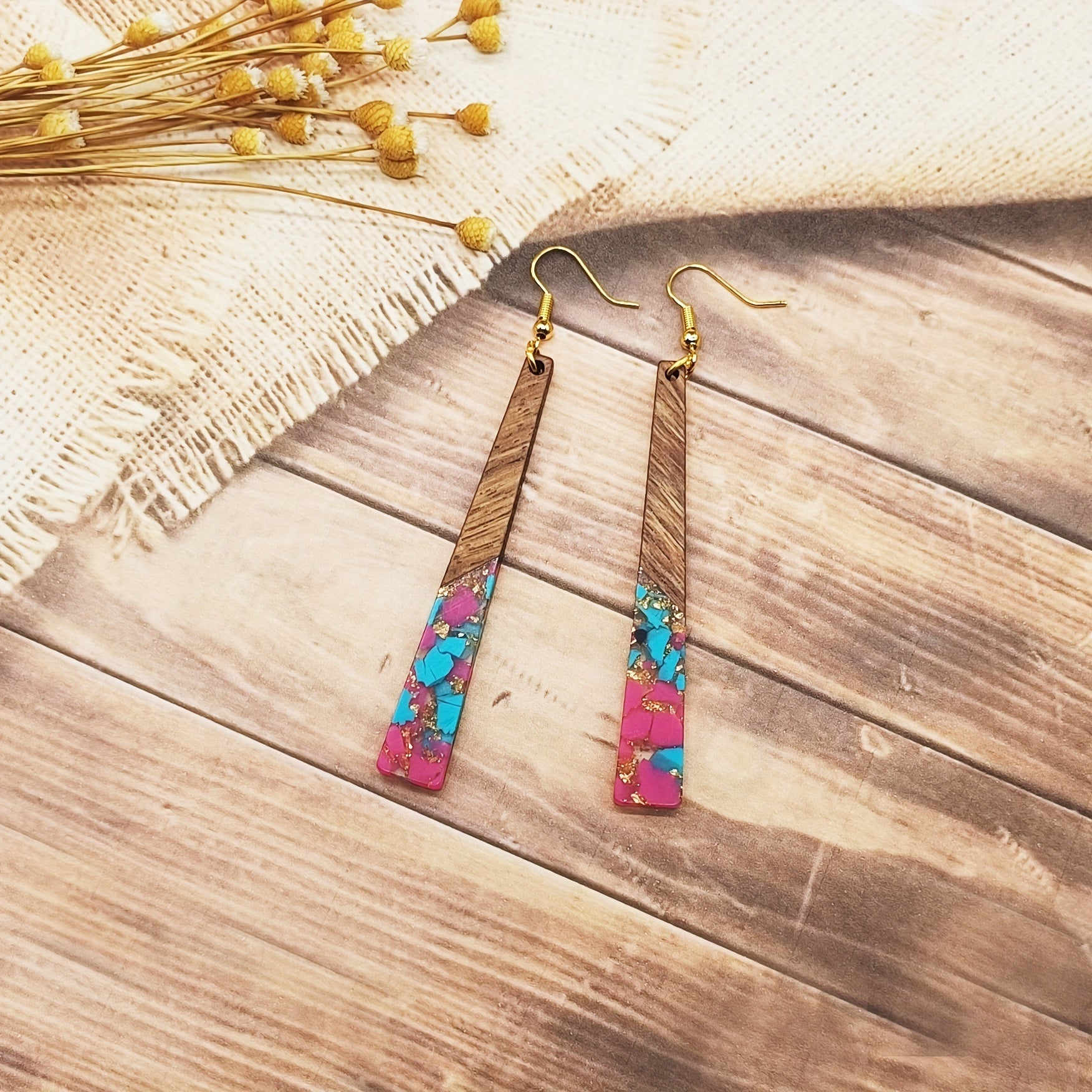 2pcs Retro Spliced Resin & Wooden Long Irregular Bar Dangle Earrings - Unique Statement Jewelry for Women