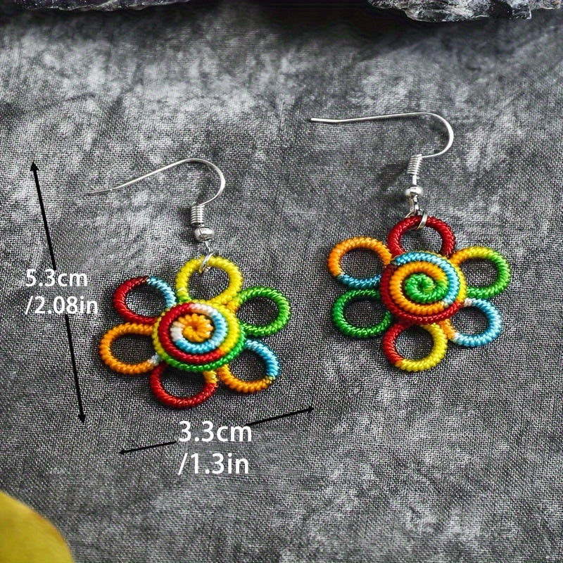 Boho Handcrafted Rainbow Flower Pendant Earrings - Colorful Polyester Bohemian Style, Hypoallergenic Hooks, Perfect for All Occasions