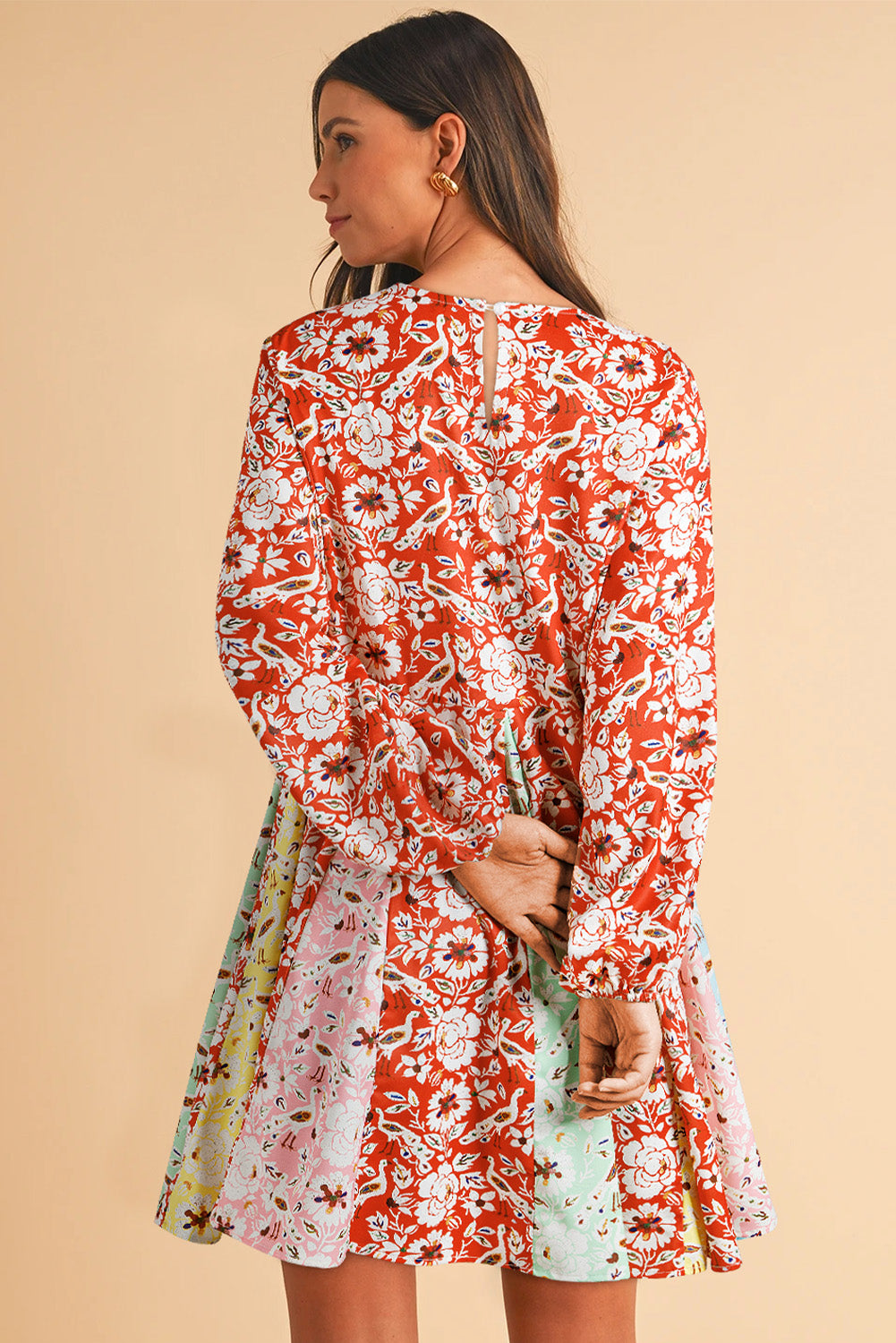 Elegant Red Boho Floral Patchwork Dress with Long Sleeves and Pleats - Perfect for Any Season