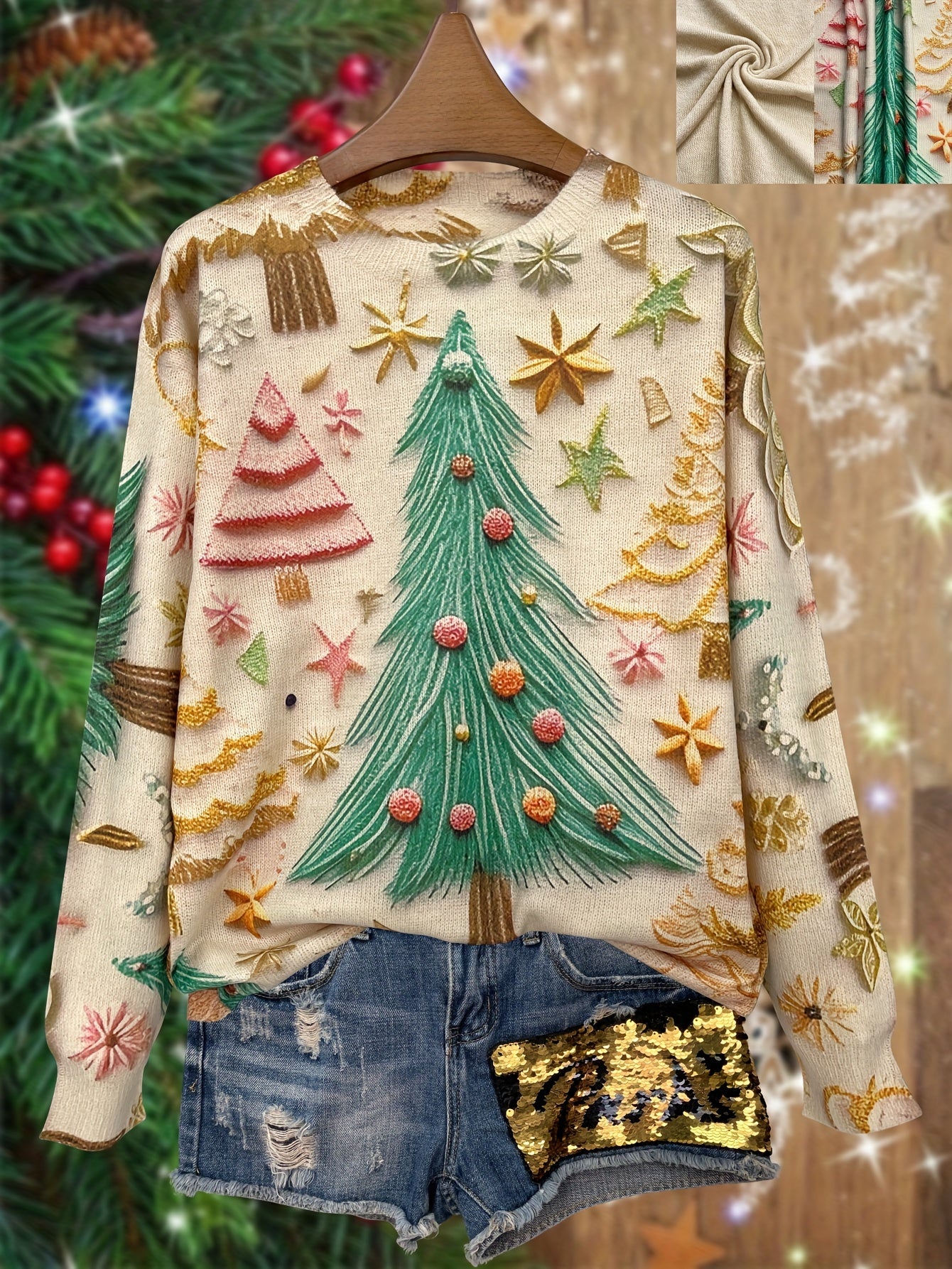 Thin Woven-Effect Cartoon Christmas Tree Crew Neck Sweater - Women's Casual Long Sleeve All-Over Print Knit Sweater