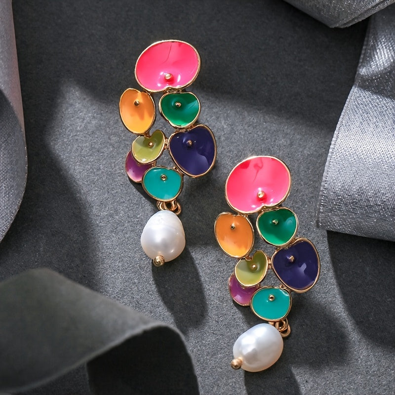 Boho Style Dangle Earrings Vibrant Multicolor Floral Pearl Drop Earrings