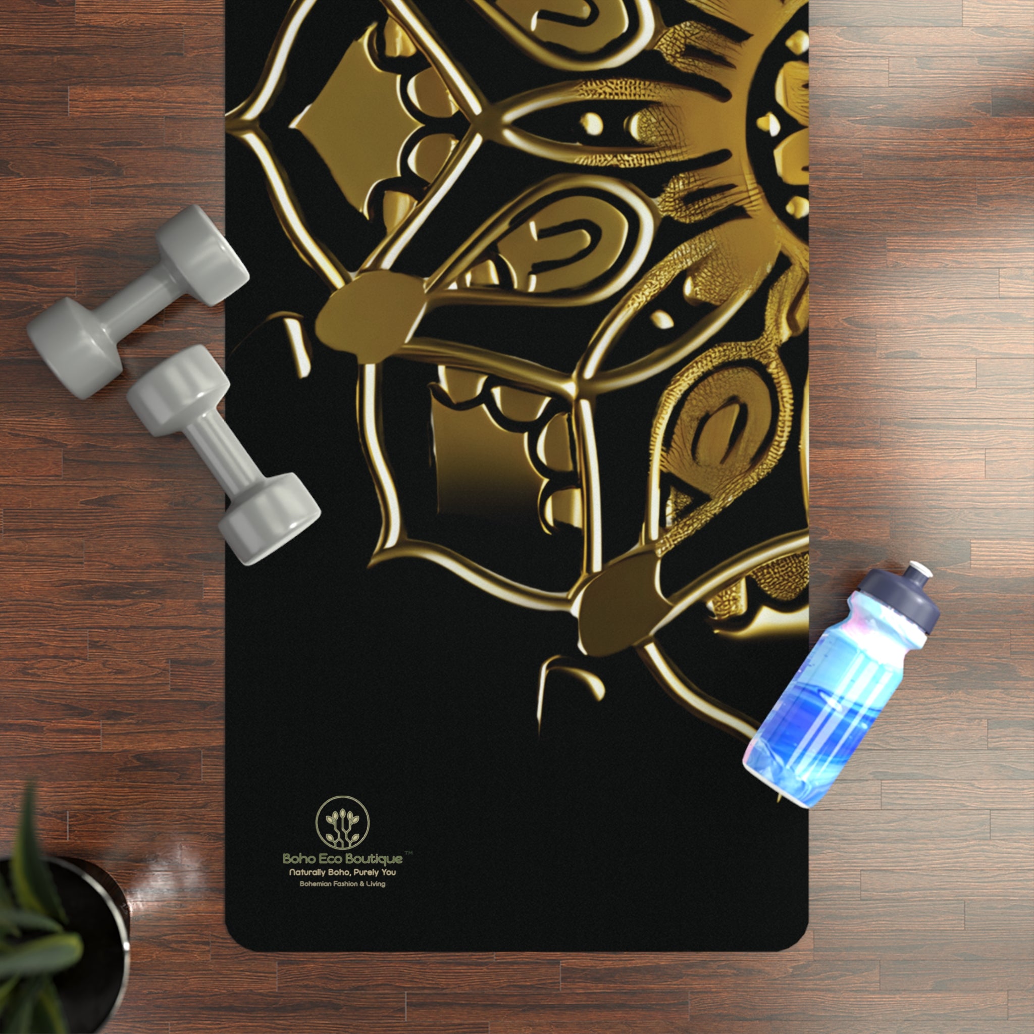 Yoga Mat, Boho Eco Boutique Custom Designed Metallic Gold and Black. Eco-Friendly Rubber Mat for Yoga Practice, Meditation, Fitness