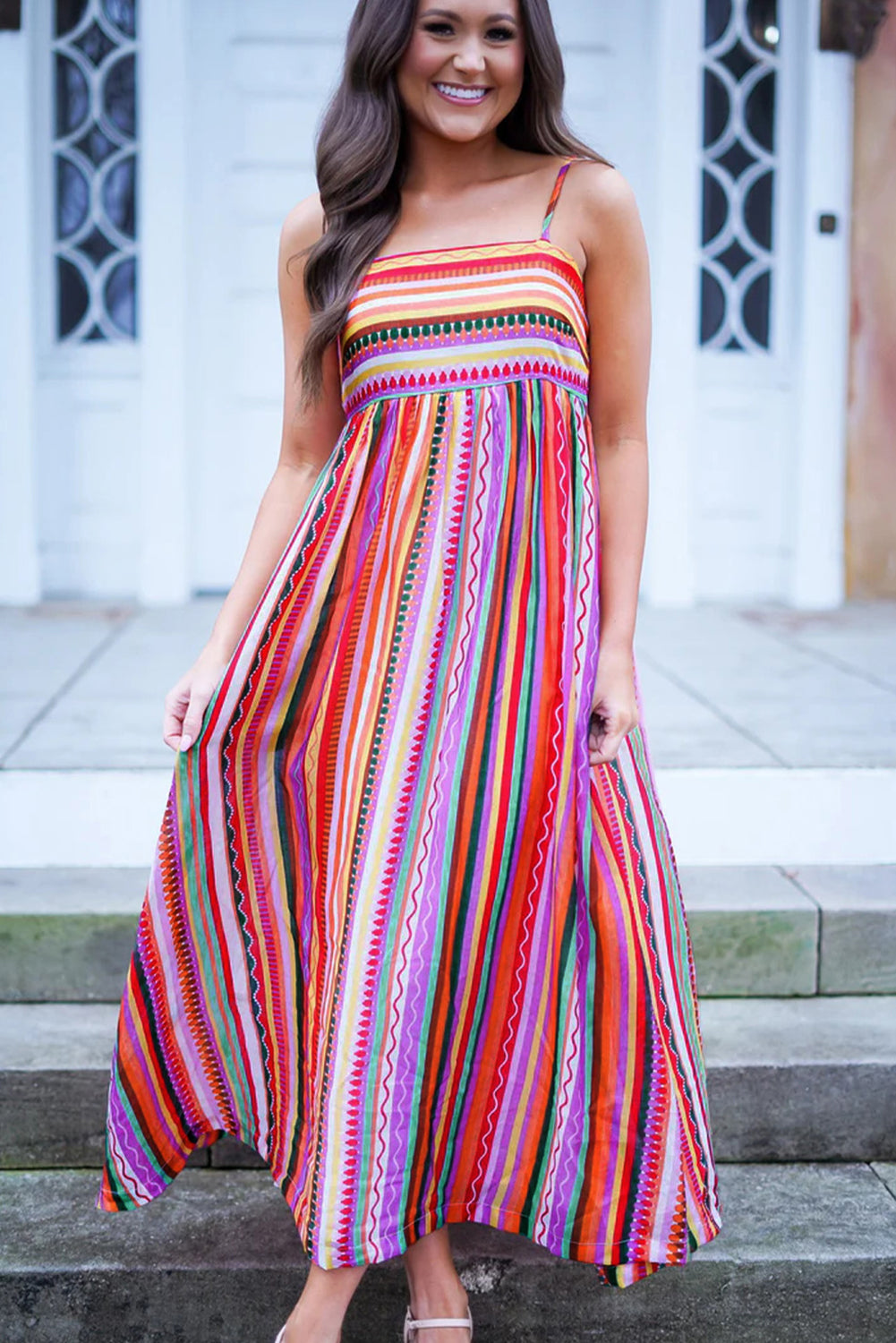 Vibrant Multicolor Boho Striped Maxi Dress with Spaghetti Straps and Smocked Back - Perfect for Beach Days and Summer Festivals