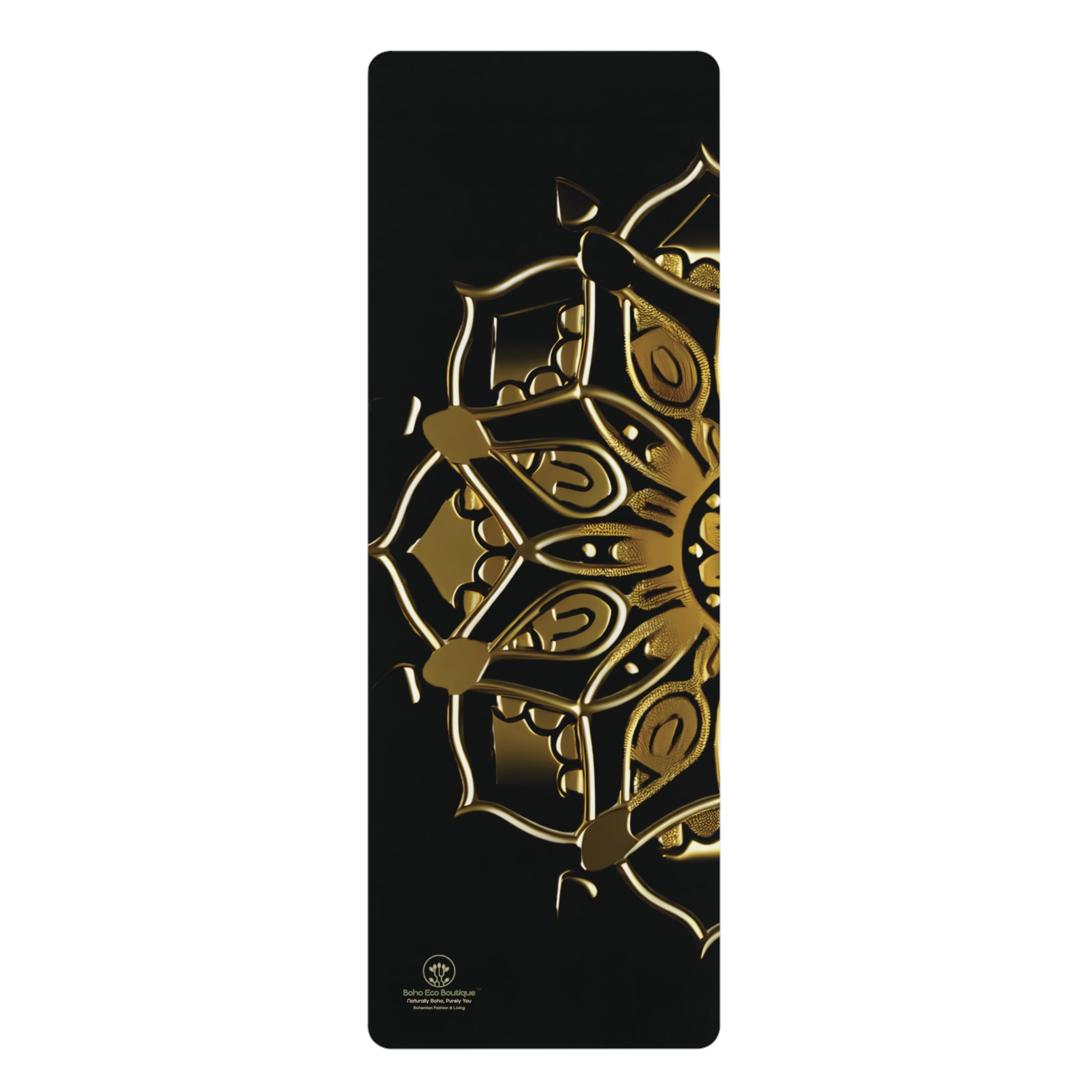 Yoga Mat, Boho Eco Boutique Custom Designed Metallic Gold and Black. Eco-Friendly Rubber Mat for Yoga Practice, Meditation, Fitness