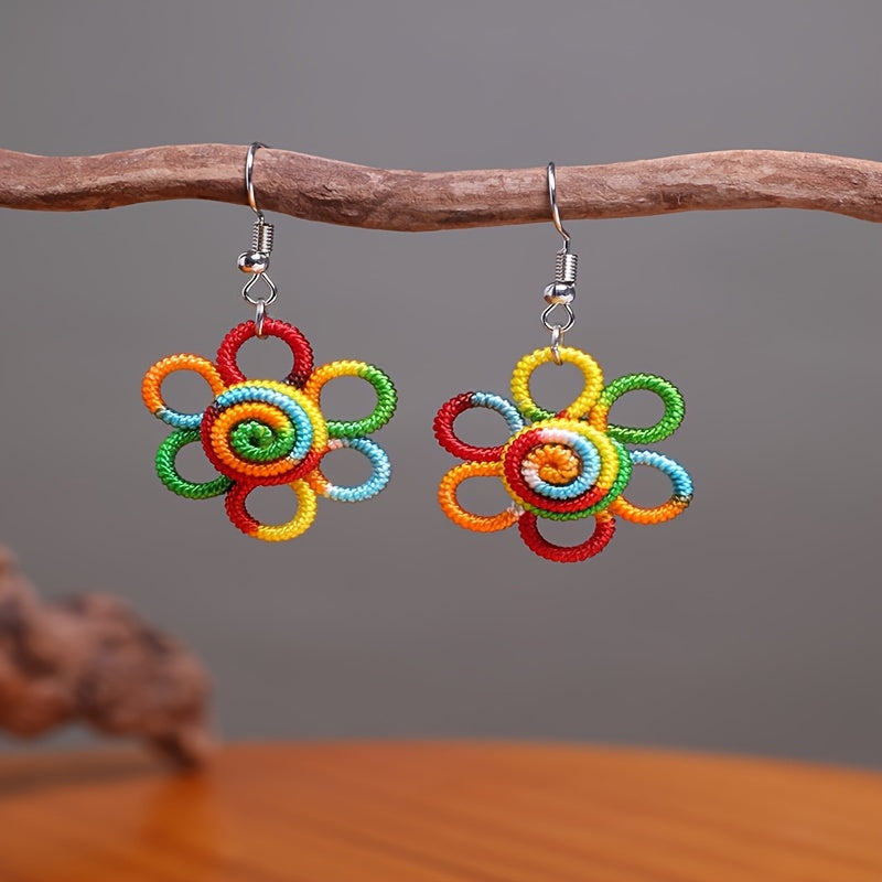 Boho Handcrafted Rainbow Flower Pendant Earrings - Colorful Polyester Bohemian Style, Hypoallergenic Hooks, Perfect for All Occasions