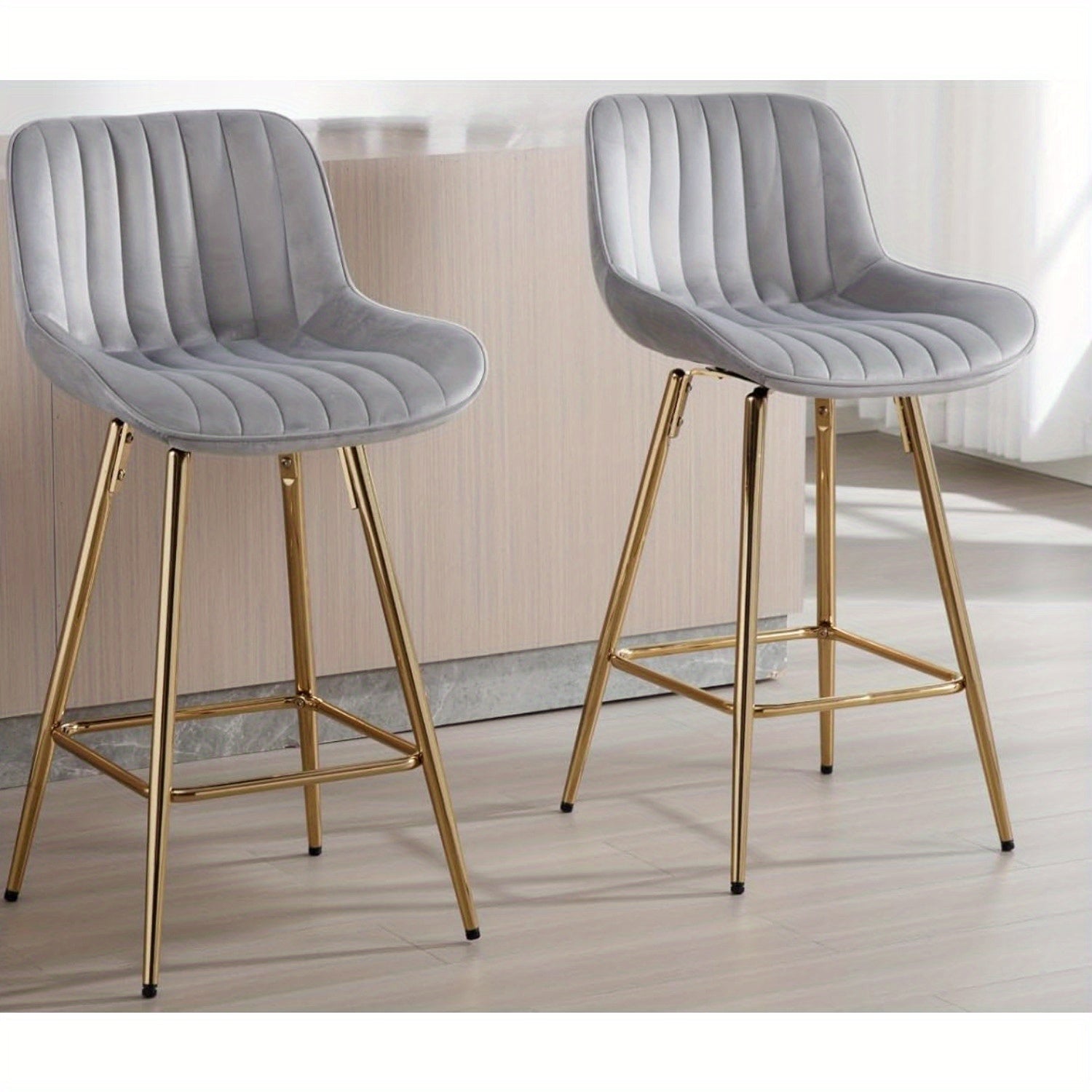 Set of 2 Modern 32-Inch Swivel Velvet Barstools with Backrest – Gold Footrest Bar Height Chairs for Kitchen Island, Home Bar, or Pub