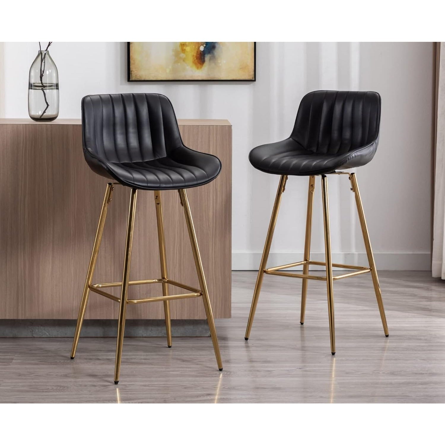 Set of 2 Modern 32-Inch Swivel Velvet Barstools with Backrest – Gold Footrest Bar Height Chairs for Kitchen Island, Home Bar, or Pub