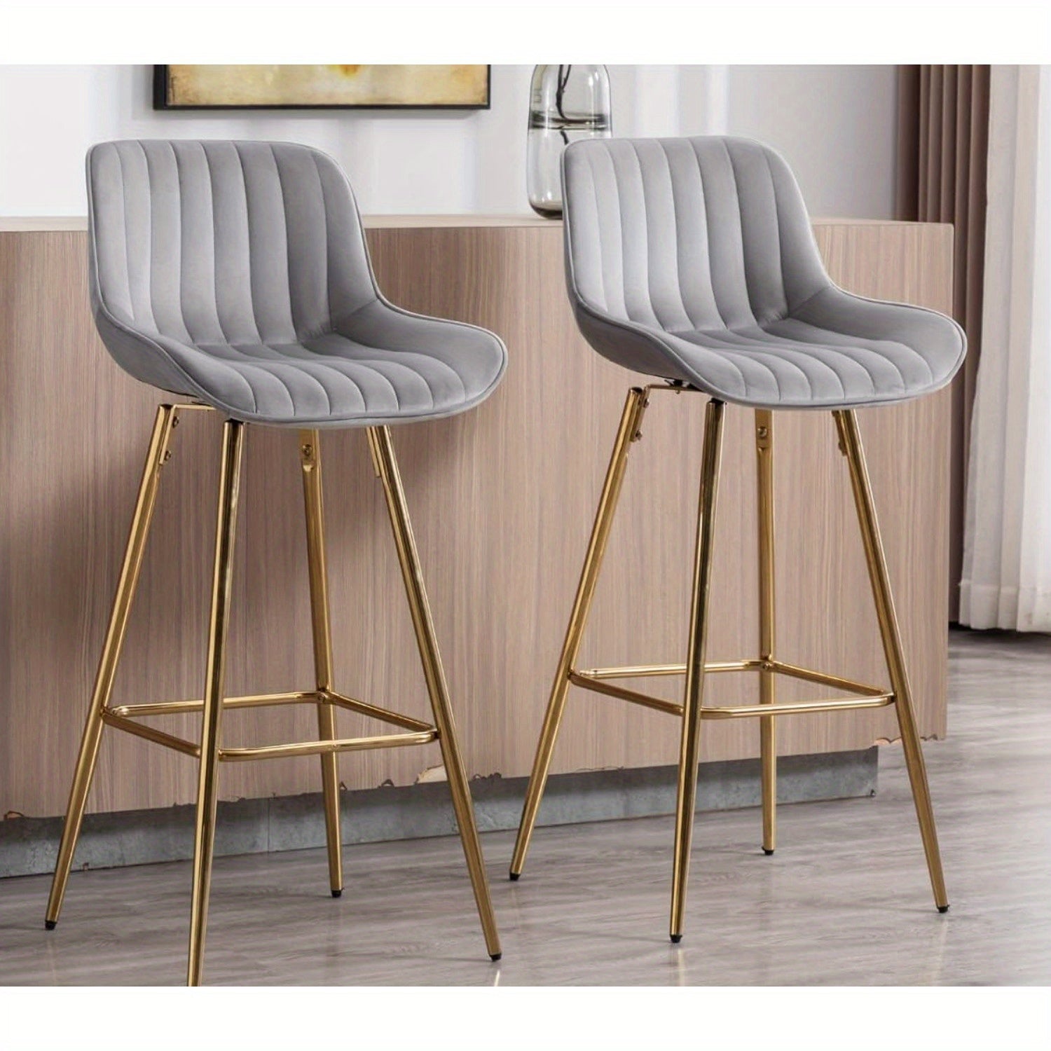 Set of 2 Modern 32-Inch Swivel Velvet Barstools with Backrest – Gold Footrest Bar Height Chairs for Kitchen Island, Home Bar, or Pub