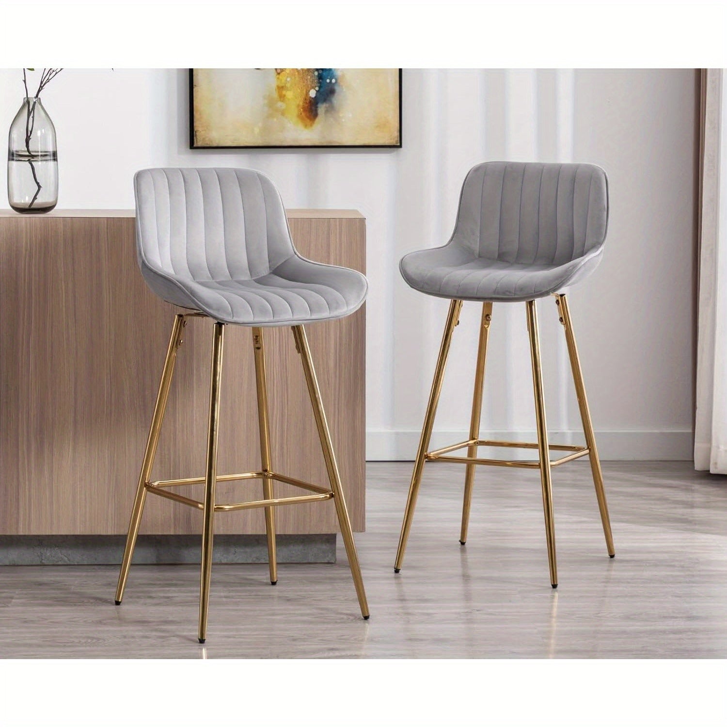 Set of 2 Modern 32-Inch Swivel Velvet Barstools with Backrest – Gold Footrest Bar Height Chairs for Kitchen Island, Home Bar, or Pub