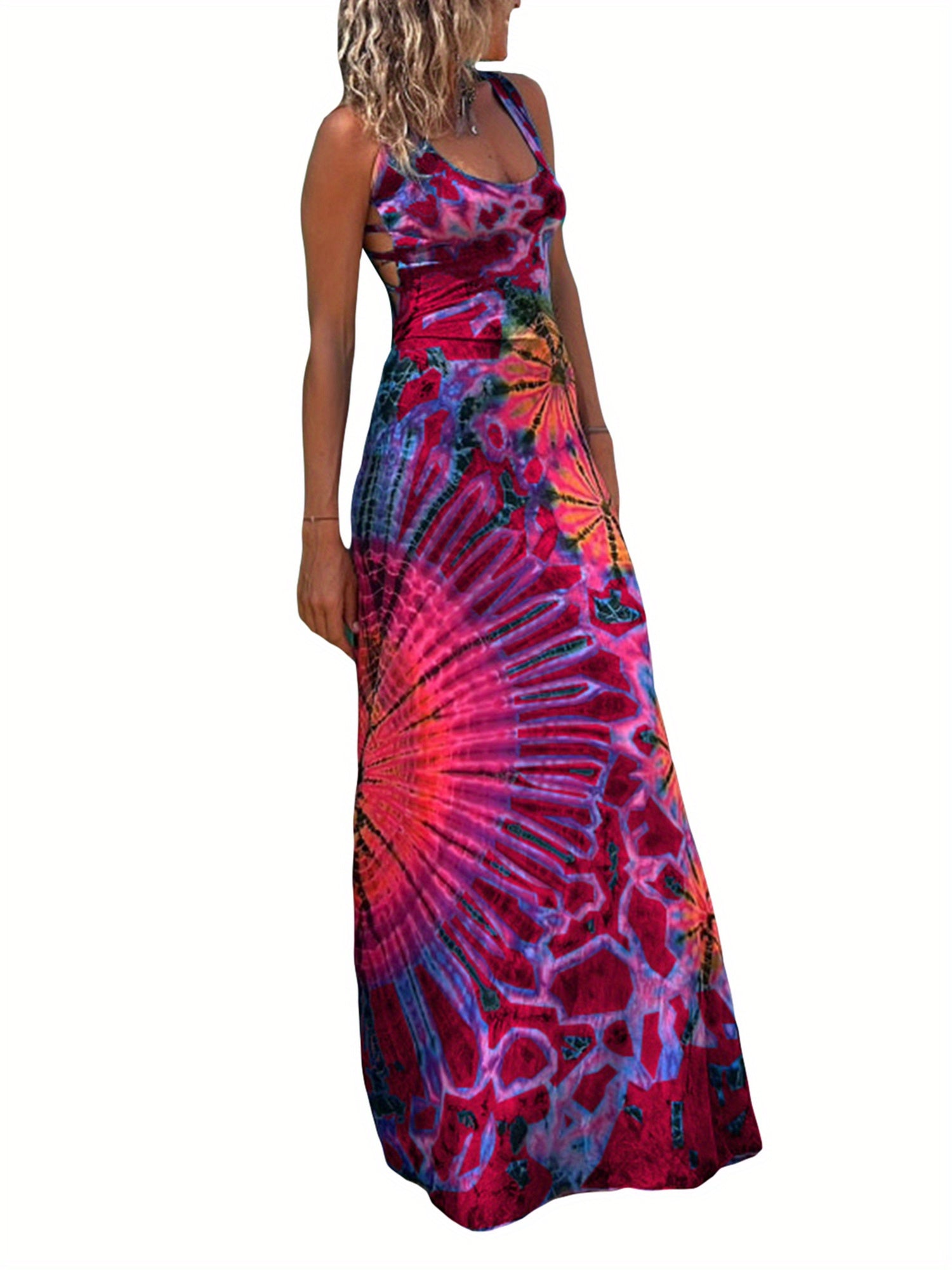 Women's Summer Tie-Dye Long Dress - Casual U-Neck Sleeveless Cross Backless Fashion