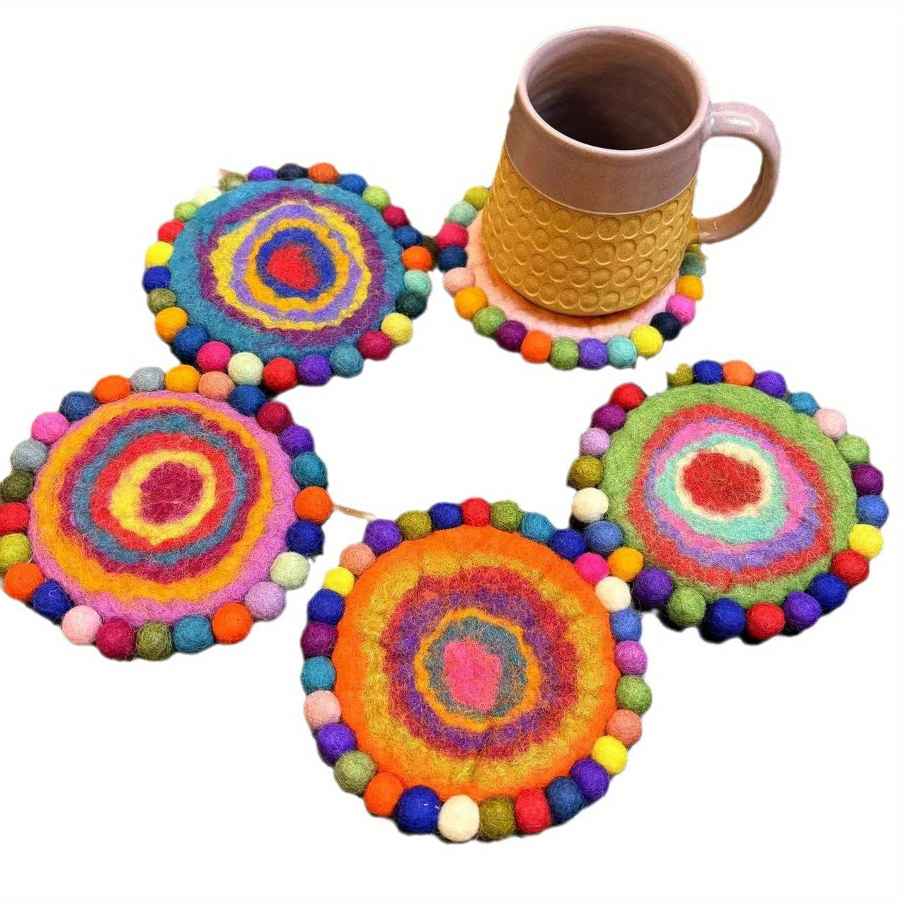 Set of 3-Piece Handmade Wool Felt Bohemian Rainbow Donut Pads - Heat-Resistant, Anti-Scalding, Anti-Slip Kitchen Pot Pads for Home & Coffee Tables