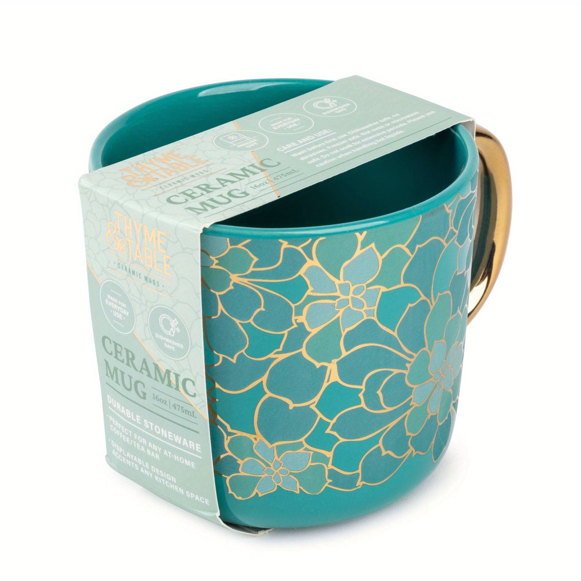 Boho Chic Coffee Mug - 16 fl oz, Teal & Gold with Succulent Design - Stylish Ceramic Mug for Home or Office