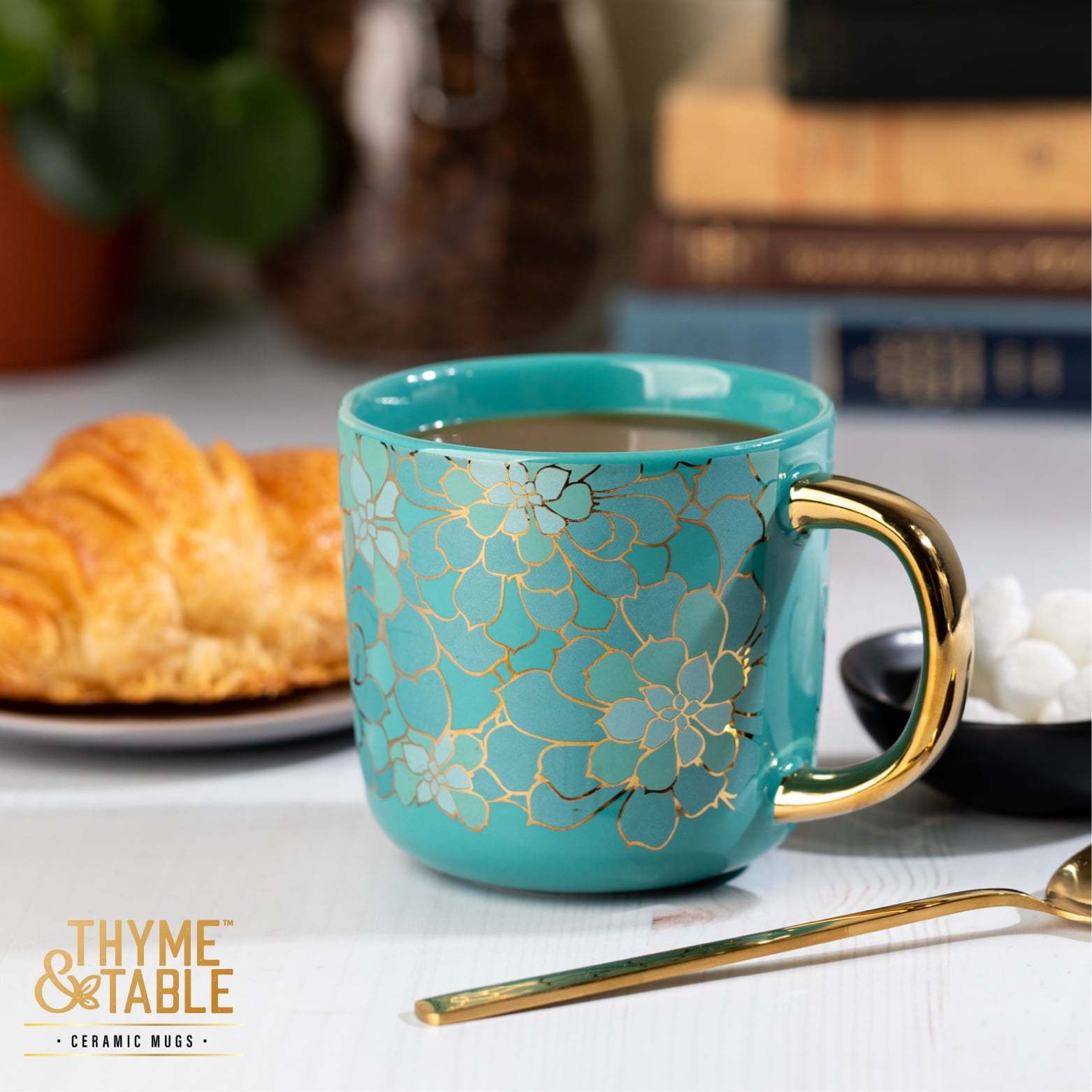 Boho Chic Coffee Mug - 16 fl oz, Teal & Gold with Succulent Design - Stylish Ceramic Mug for Home or Office