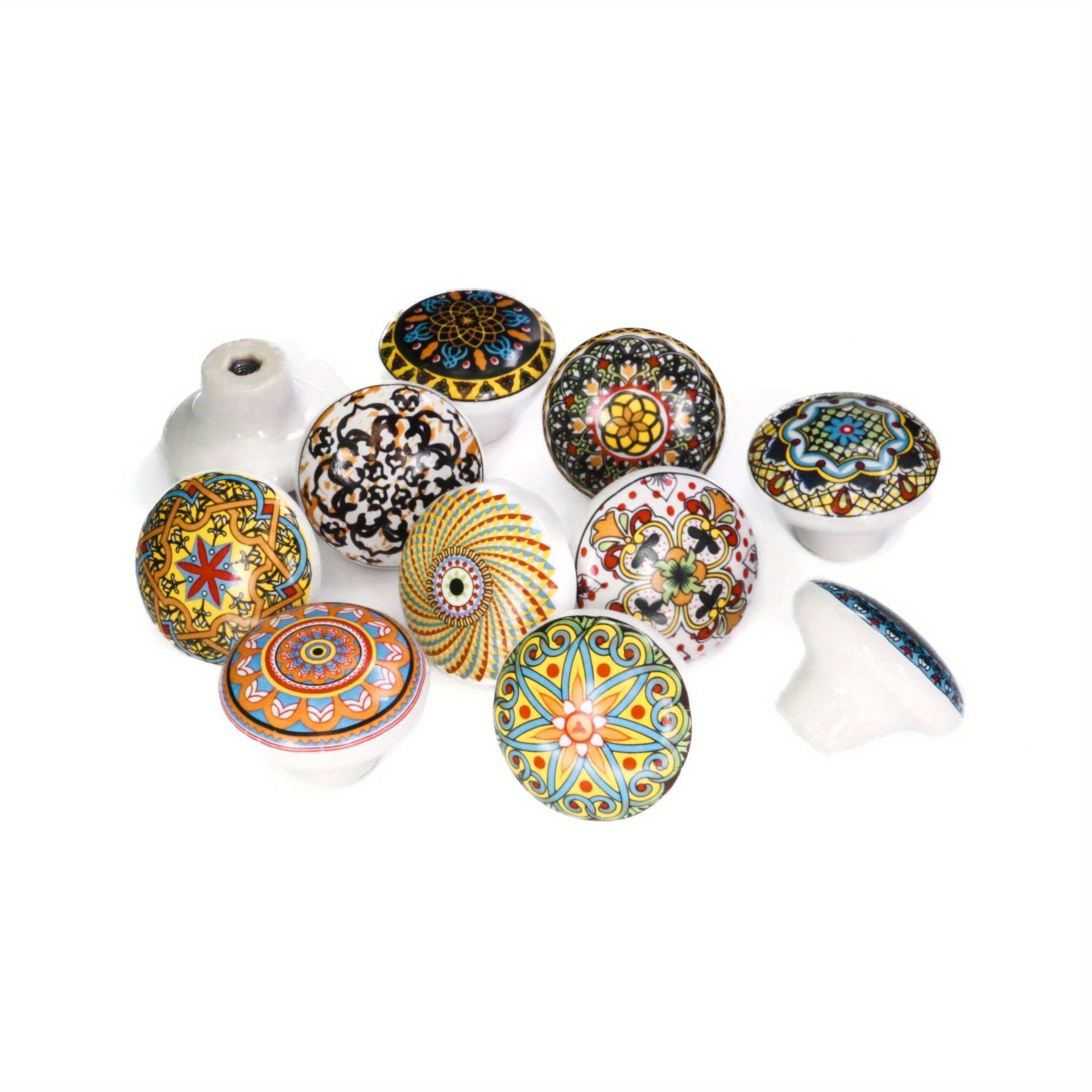 10pcs Bohemian Round Ceramic Drawer Cabinet Knobs - Small Antique Finish Handles with Metal Hardware for Cupboards & Furniture