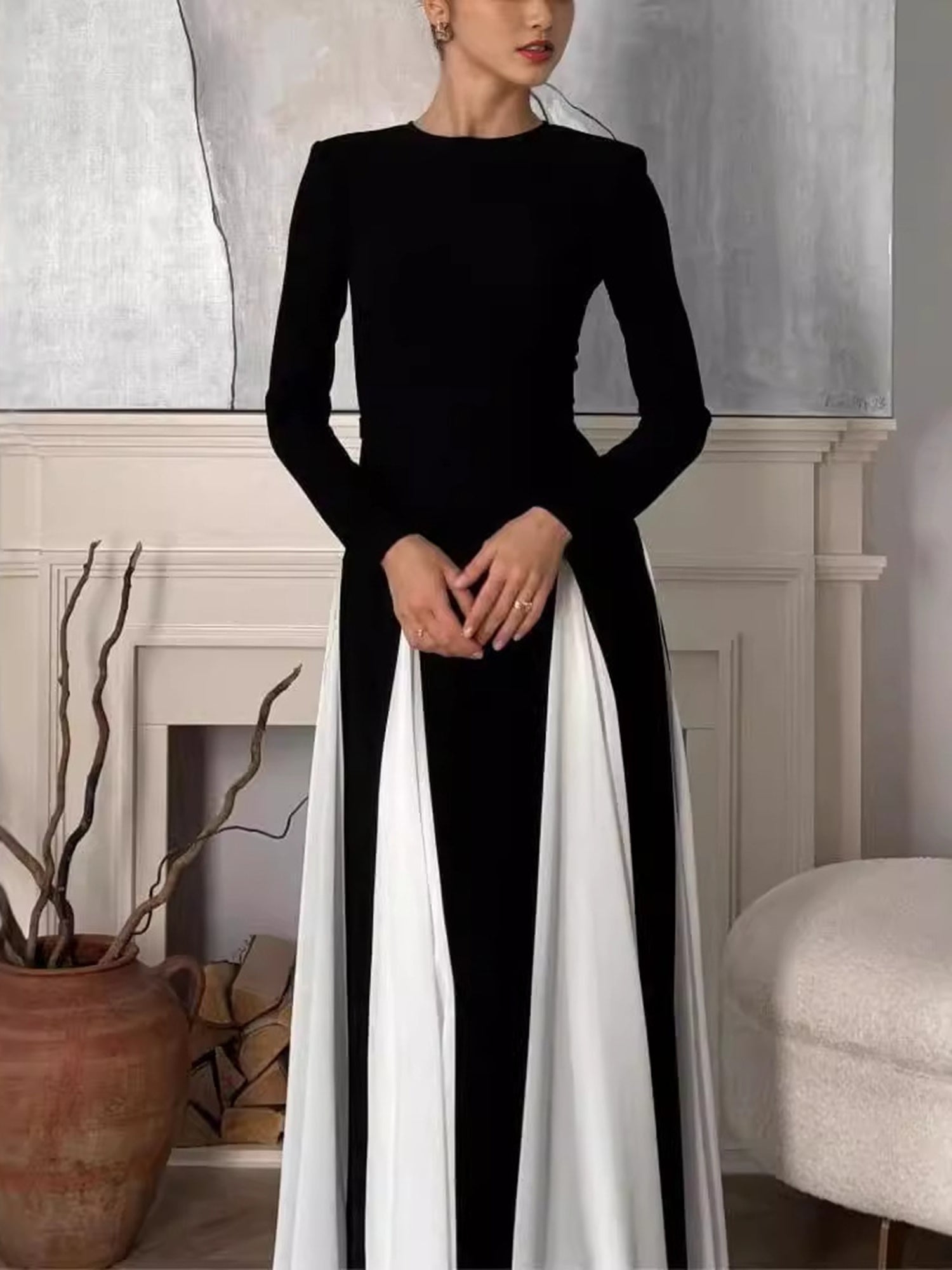 Women's Long Sleeve A-Line Dress - Round Neck Contrast Color Maxi Dress for Spring & Autumn