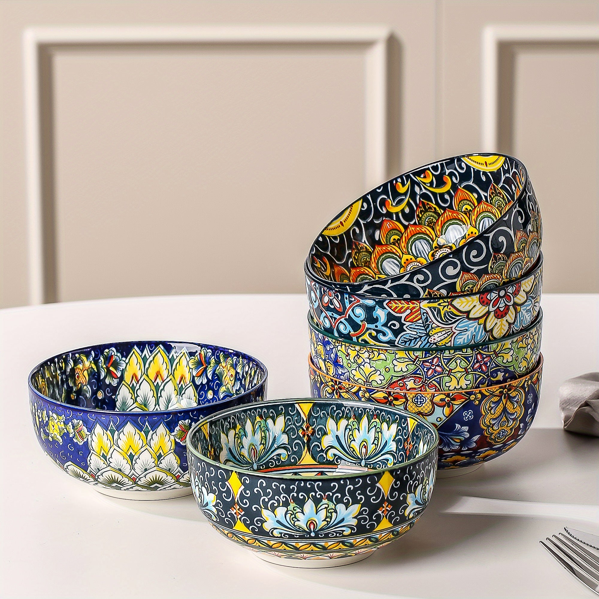 6-Piece Large Bohemia Style Porcelain Cereal Bowls Set - Multicolor Double-Sided Pattern, Perfect for Salad & Dessert