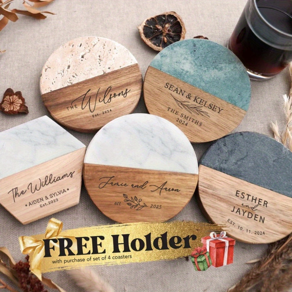 Custom Engraved Marble & Acacia Wood Coasters - Heat-Resistant, Personalized Text Design for Coffee & Wine