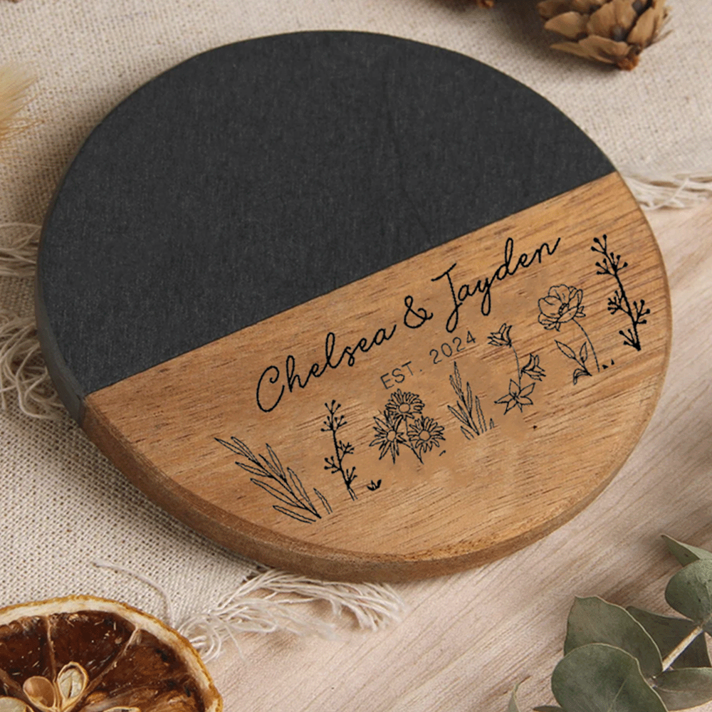 Custom Engraved Marble & Acacia Wood Coasters - Heat-Resistant, Personalized Text Design for Coffee & Wine