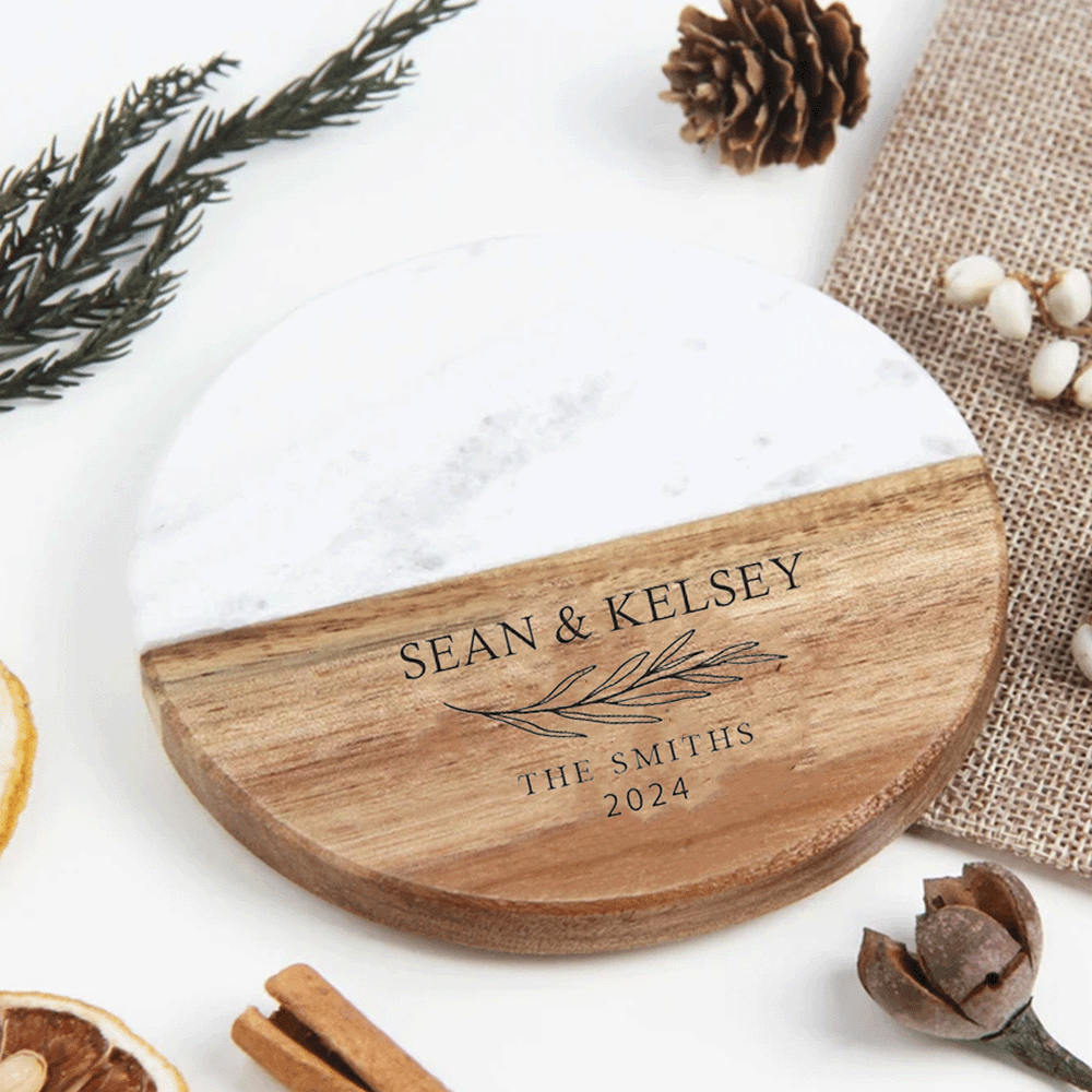 Custom Engraved Marble & Acacia Wood Coasters - Heat-Resistant, Personalized Text Design for Coffee & Wine