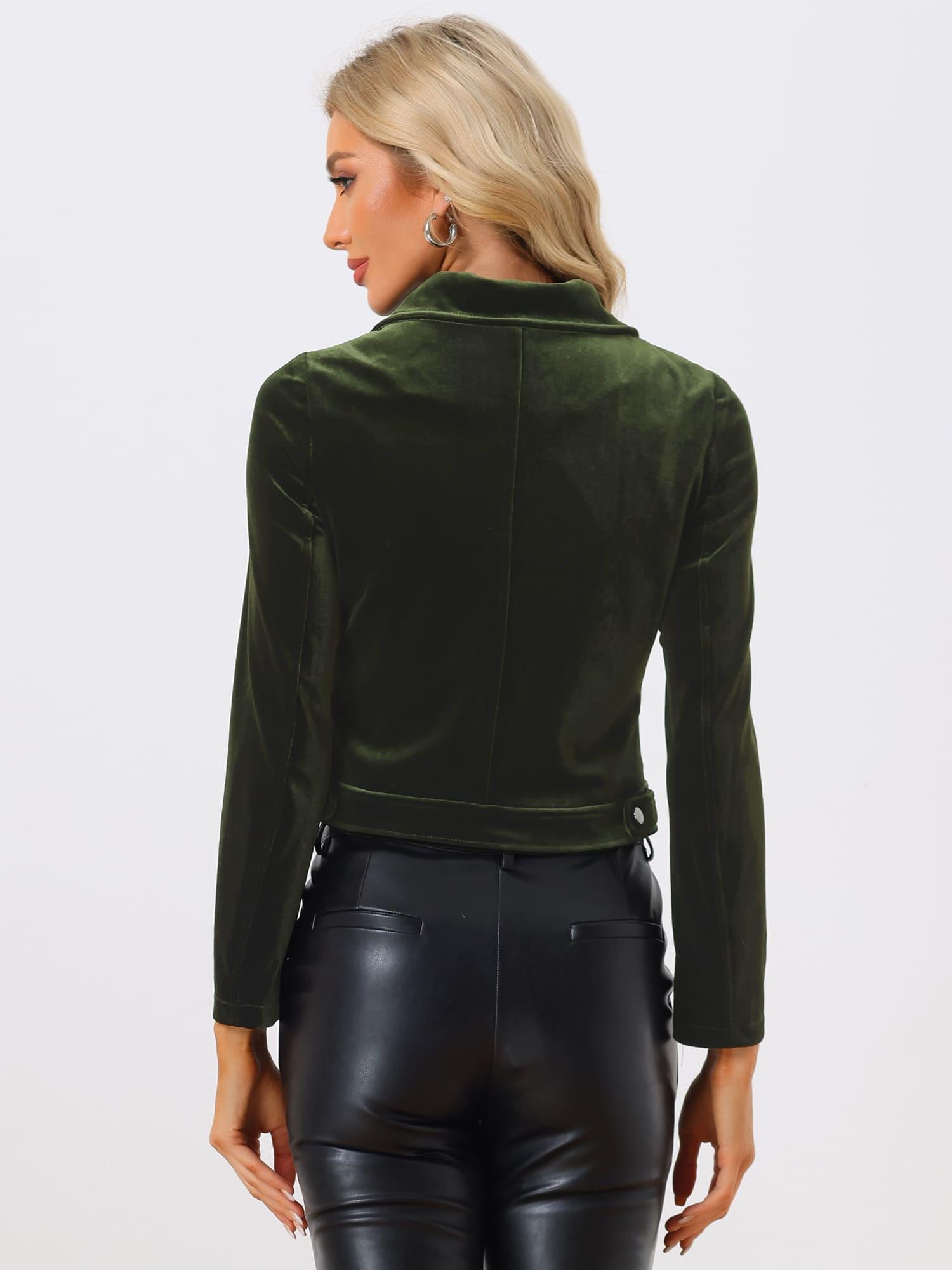 Velvet Women's Crop Moto Biker Jacket - Lapel Collar with Zipper Closure, Chic and Stylish Outerwear