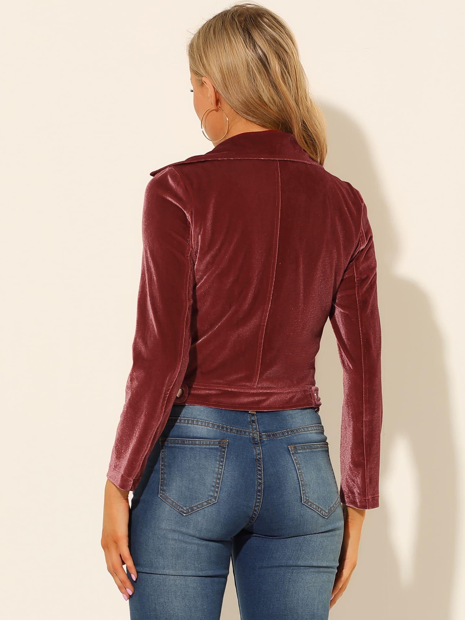 Velvet Women's Crop Moto Biker Jacket - Lapel Collar with Zipper Closure, Chic and Stylish Outerwear