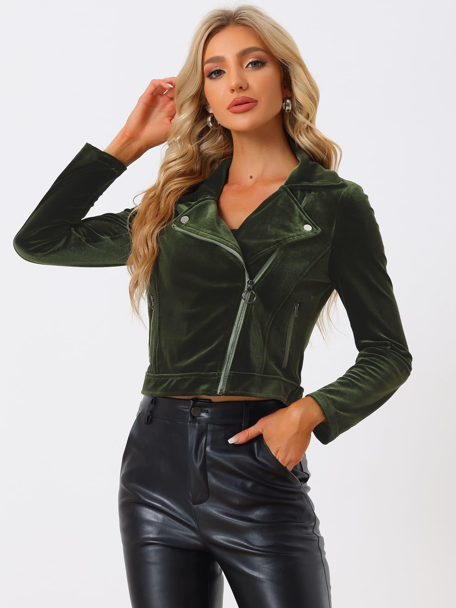 Velvet Women's Crop Moto Biker Jacket - Lapel Collar with Zipper Closure, Chic and Stylish Outerwear