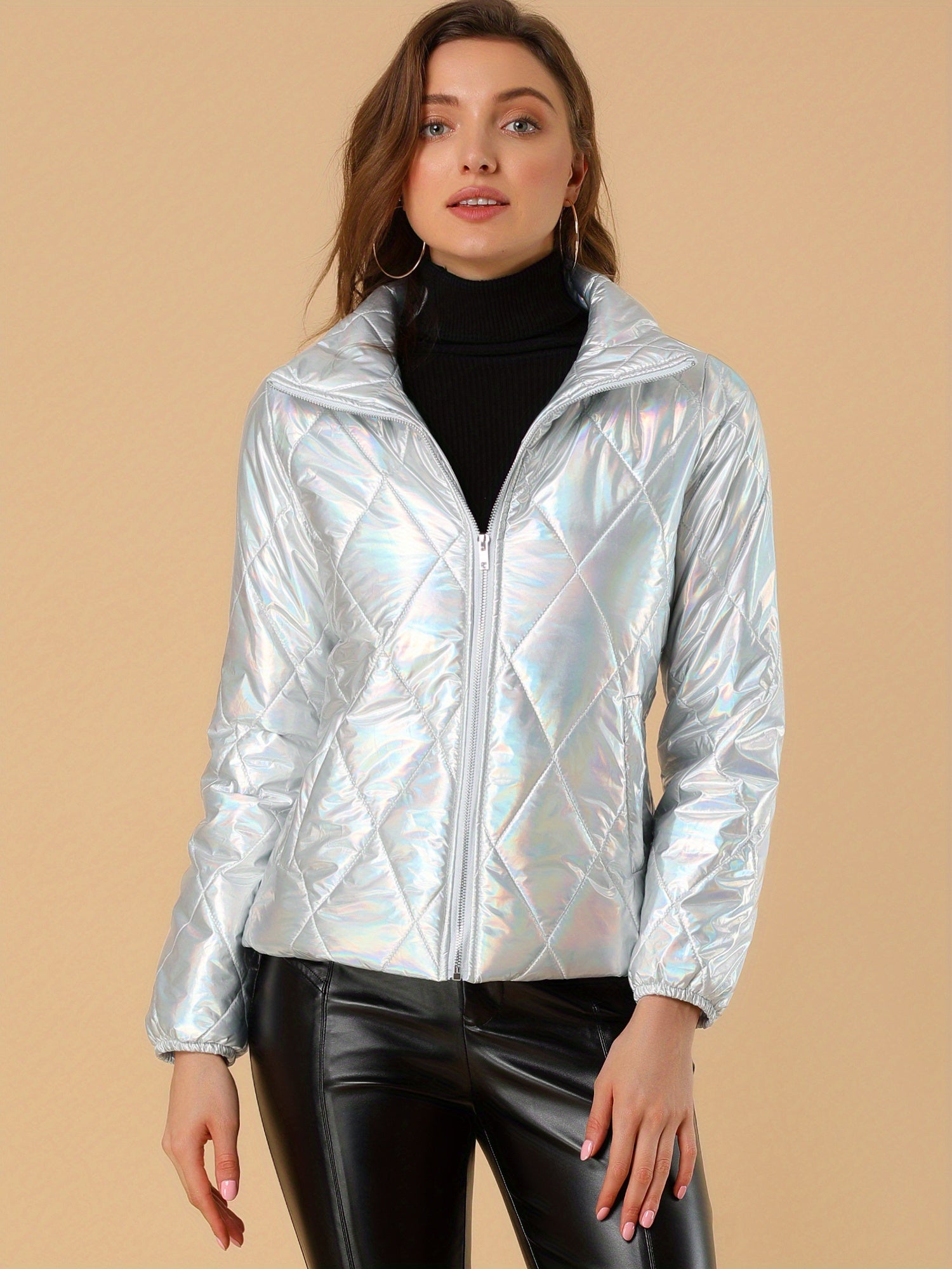 Women's Shiny Metallic Puffer Jacket Outerwear with Eye-Catching Shine, Warm & Stylish Design