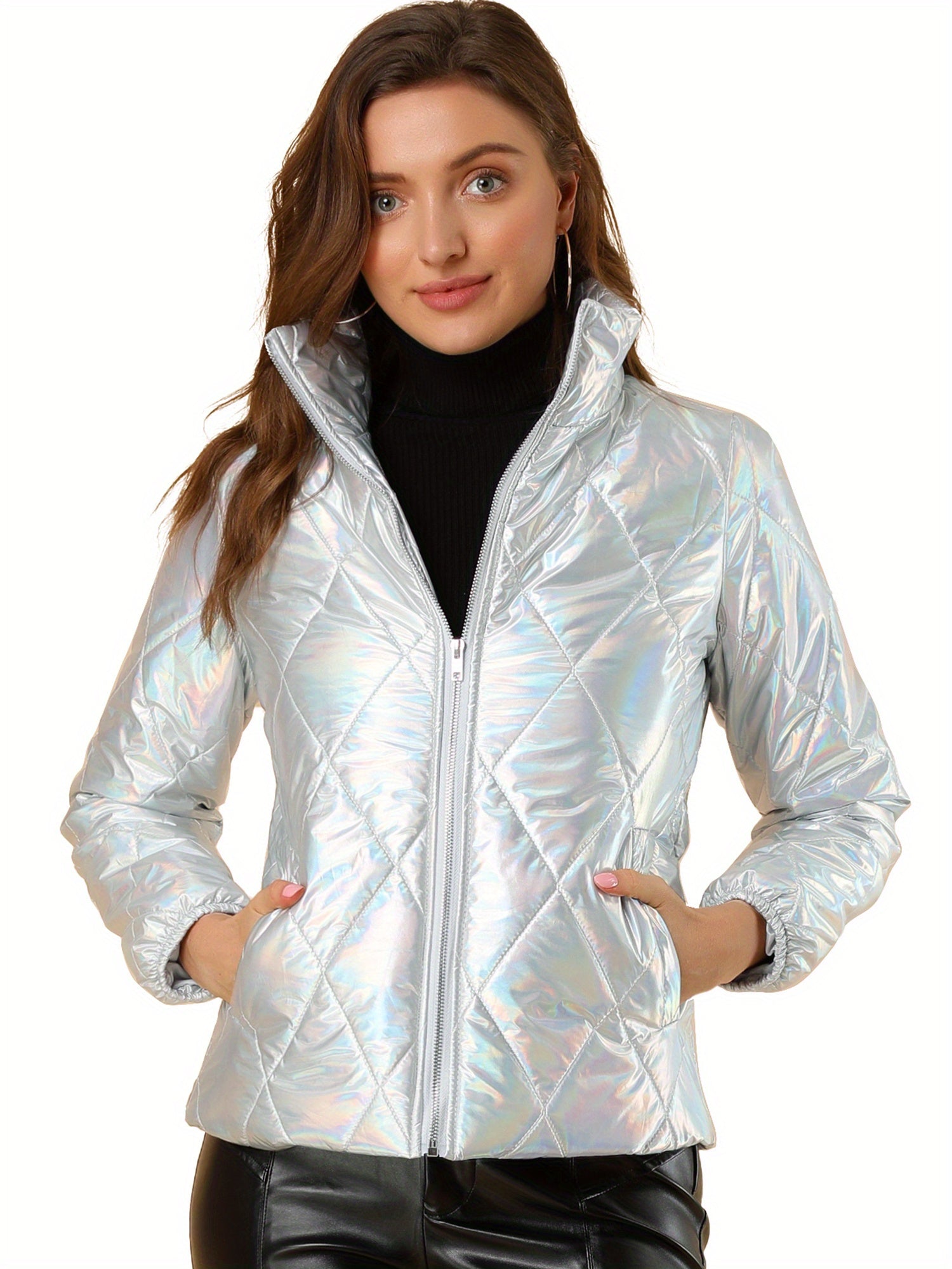 Women's Shiny Metallic Puffer Jacket Outerwear with Eye-Catching Shine, Warm & Stylish Design