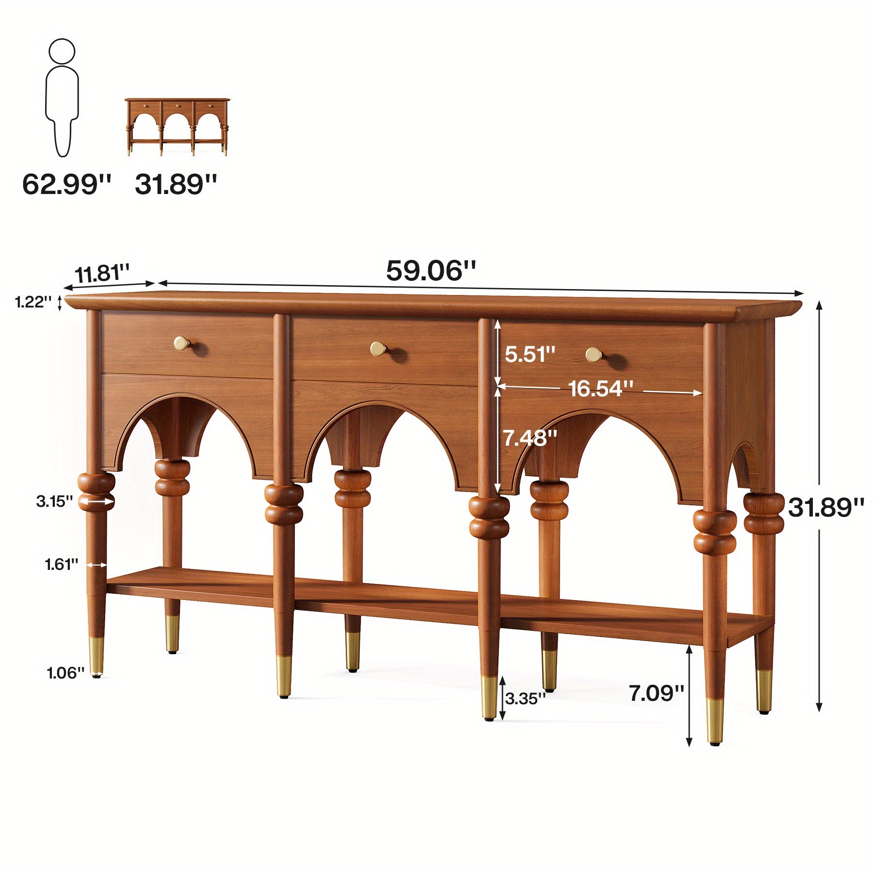 59-Inch Farmhouse Console Table - Narrow Entryway Table with 8 Solid Wood Legs, Behind Couch Table & TV Stand, Decorative Drawers (Non-Functional)