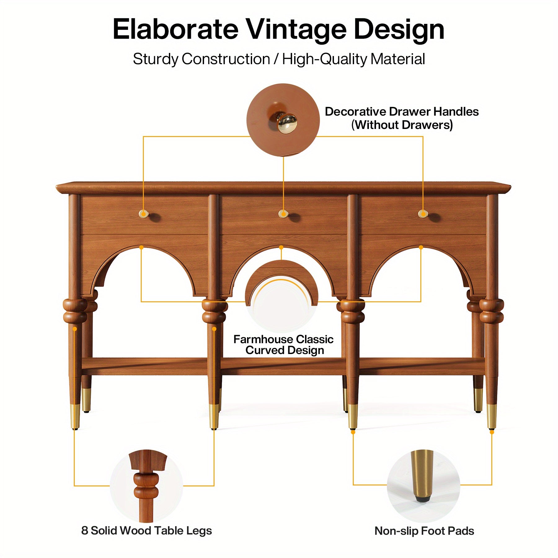 59-Inch Farmhouse Console Table - Narrow Entryway Table with 8 Solid Wood Legs, Behind Couch Table & TV Stand, Decorative Drawers (Non-Functional)