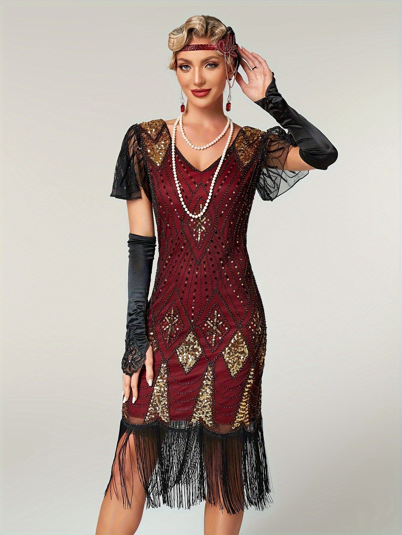 Sparkling Vintage Sequin V-Neck Midi Tunic Dress - Flapper-Inspired Comfort Fit with Fringe Hem, All-Season Women's Attire