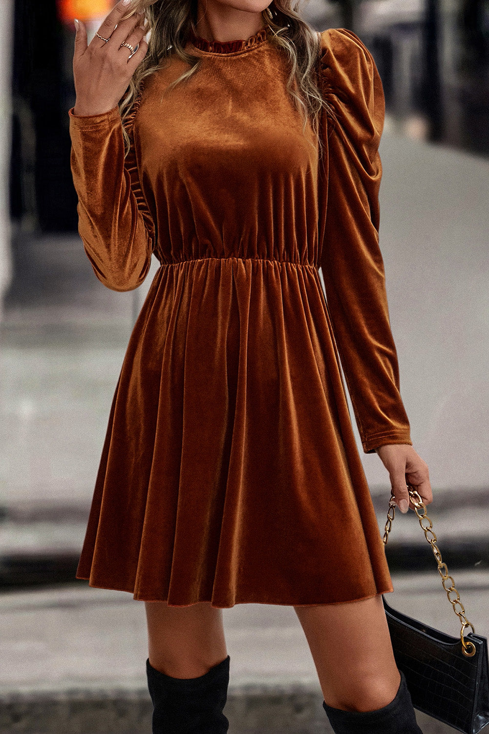 Elegant Chestnut Velvet Swing Dress with Frilled Neck and Gigot Sleeves - Perfect for Autumn Events and Holiday Gatherings