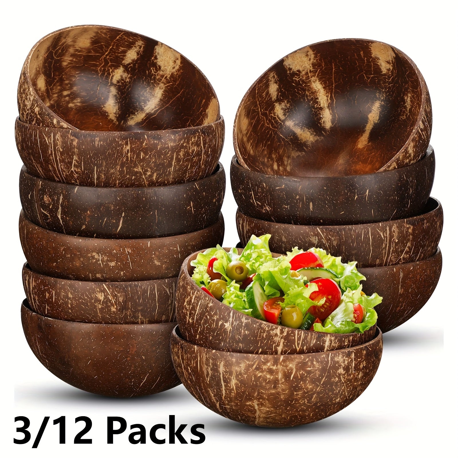 Handmade Coconut Bowls – Set of 3/12 – Eco-Friendly Natural Handmade Coconut Shell Bowls for Dining, Serving, or Decor