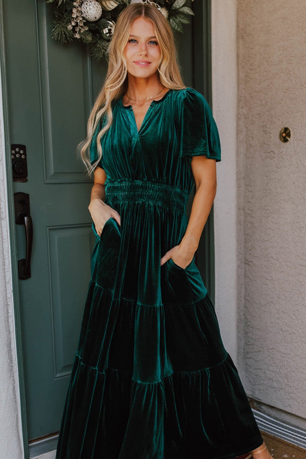 Evergreen Velvet Maxi Dress with Puff Short Sleeves and Smocked Waist - Elegant Tiered Design for Formal Events and Special Occasions