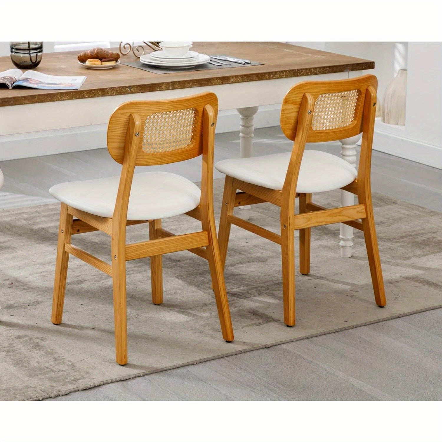 customized - 2 Pcs Rattan Leather Upholstered Dining Room Chairs Mid Century Modern Wood Kitchen Chairs Farmhouse Armless Side Chairs for Dining Room/Kitchen - Boho Eco Boutique™ - customized - Boho Eco Boutique™ - Leather White - 2pcs - 