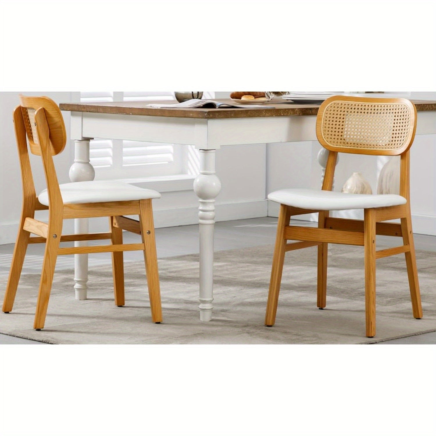 customized - 2 Pcs Rattan Leather Upholstered Dining Room Chairs Mid Century Modern Wood Kitchen Chairs Farmhouse Armless Side Chairs for Dining Room/Kitchen - Boho Eco Boutique™ - customized - Boho Eco Boutique™ - Leather White - 2pcs - 