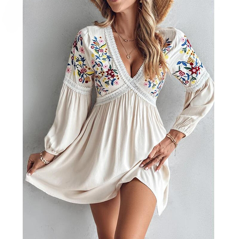 2024 Women Long Sleeves Embroidery Floral V Neck Loose Fit Vacation Mini Dress - dress