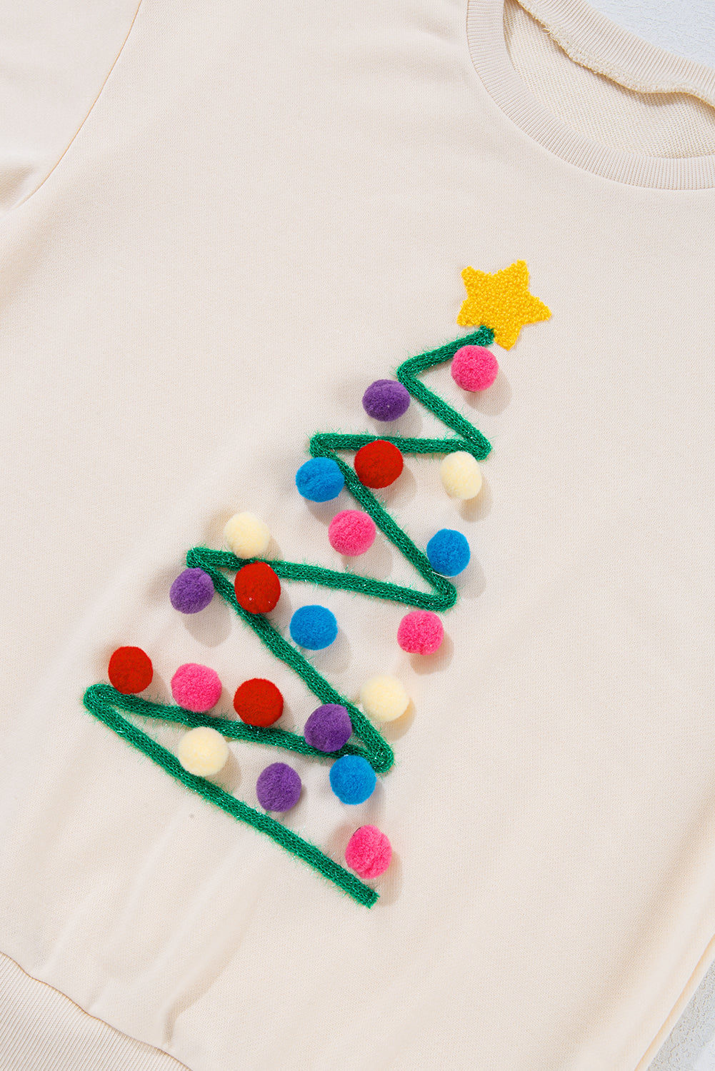 Festive Beige Tinsel Christmas Tree Sweatshirt with Random Pom Poms - Cozy Holiday Apparel