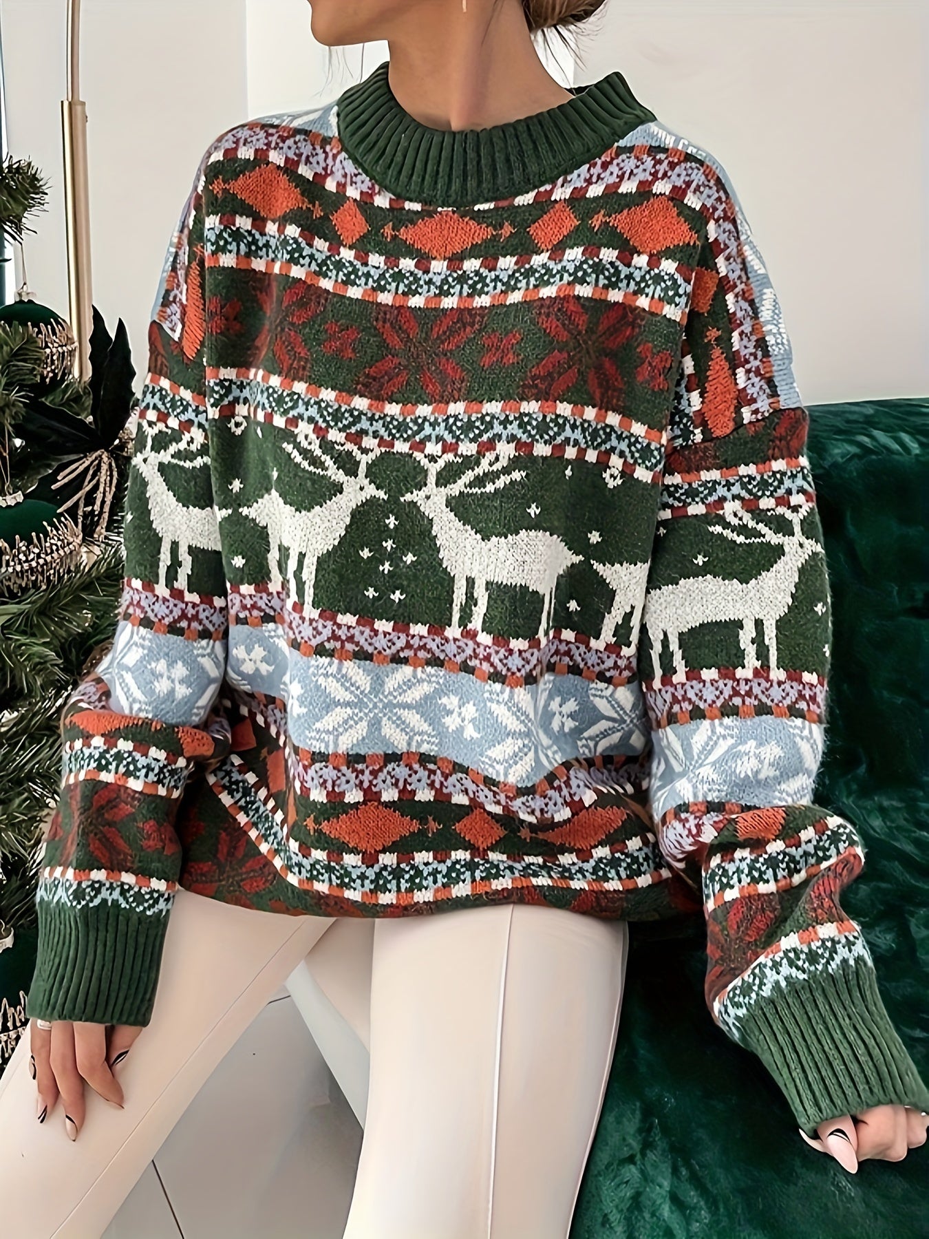 Cozy Christmas Pattern Crew Neck Sweater - Women's Casual Long Sleeve Pullover for Fall & Winter, Soft, Warm & Comfortable