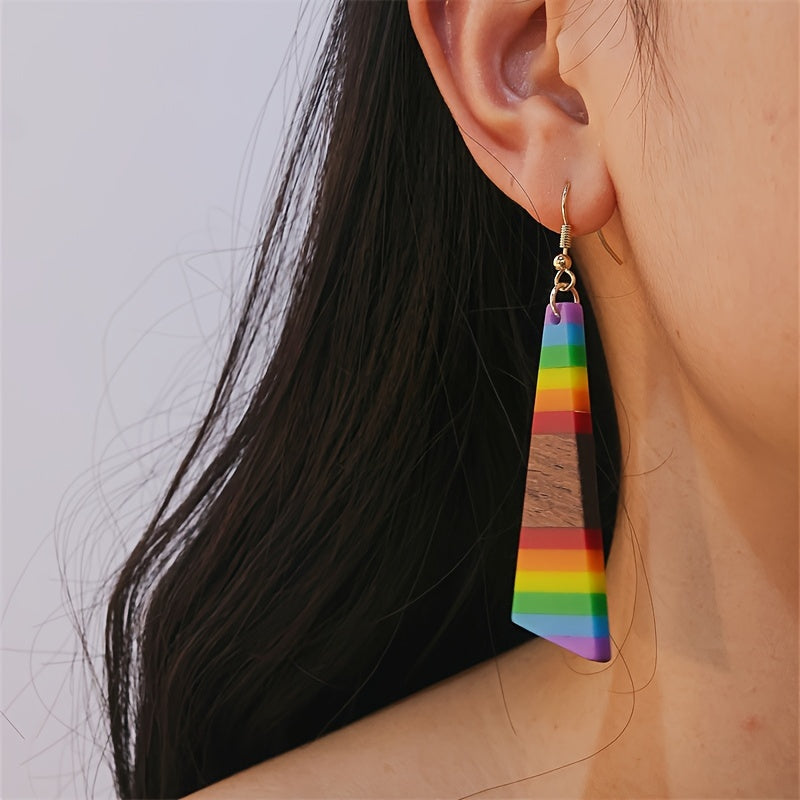 Boho-Chic Rainbow Geometric Wood & Resin Dangle Earrings - Nickel-Free Copper Hooks, Ideal for Daily Wear & Gifting