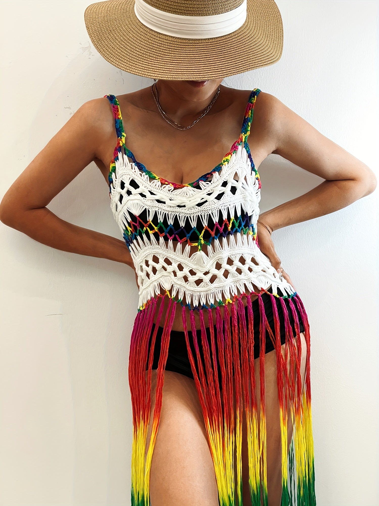 Rainbow Color Tassel Trim Cami Dress - Bohemian-Inspired Sleeveless V-Neck Cover-Up, Perfect for Spring and Summer