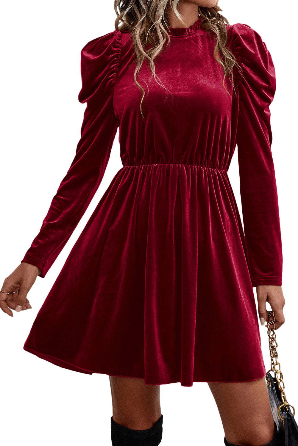 Elegant Chestnut Velvet Swing Dress with Frilled Neck and Gigot Sleeves - Perfect for Autumn Events and Holiday Gatherings