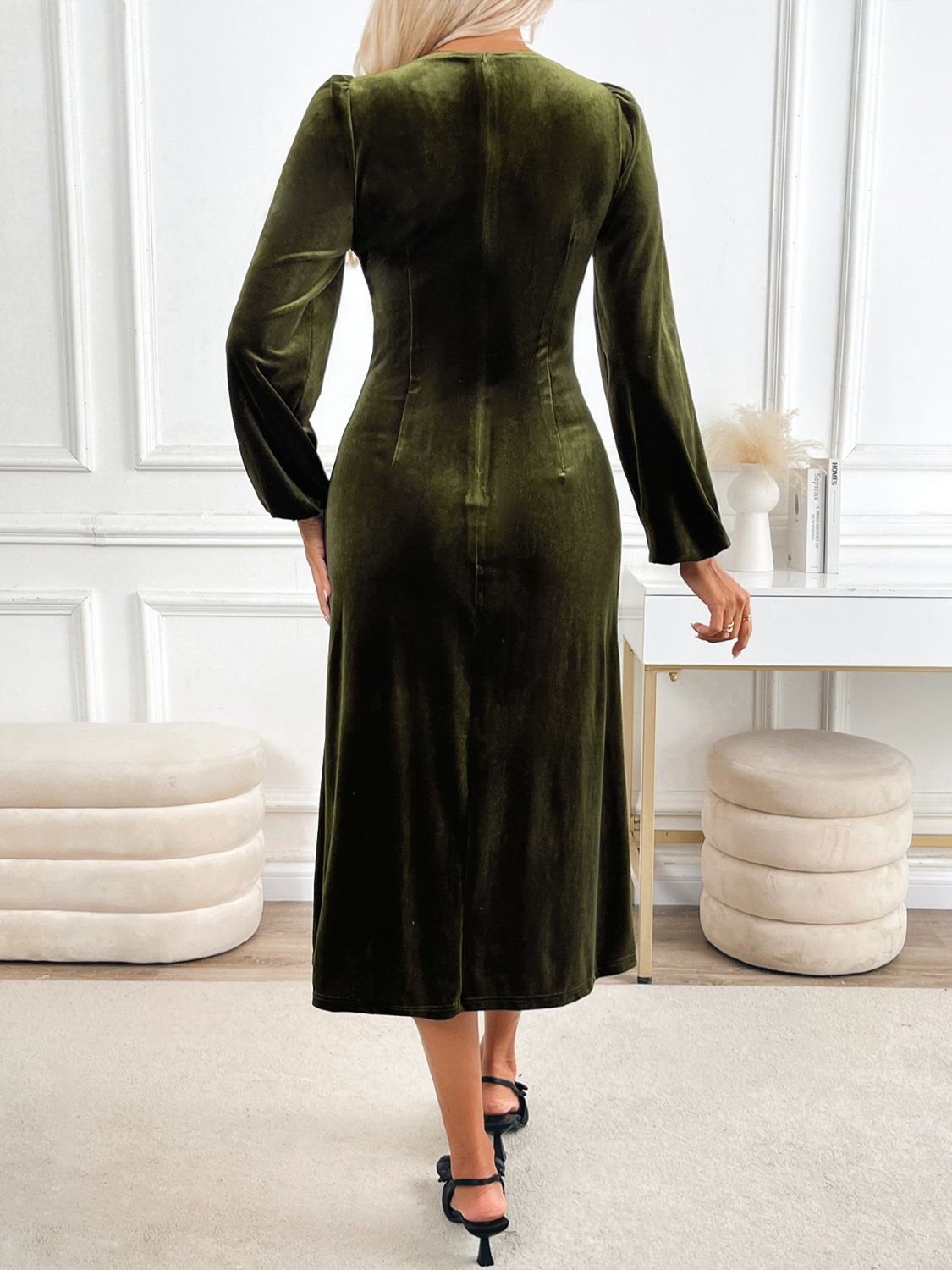 Perfect Slit V-Neck Long Sleeve Midi Dress - Elegant & Stylish Women's Fashion for Spring, Fall, Winter & Summer