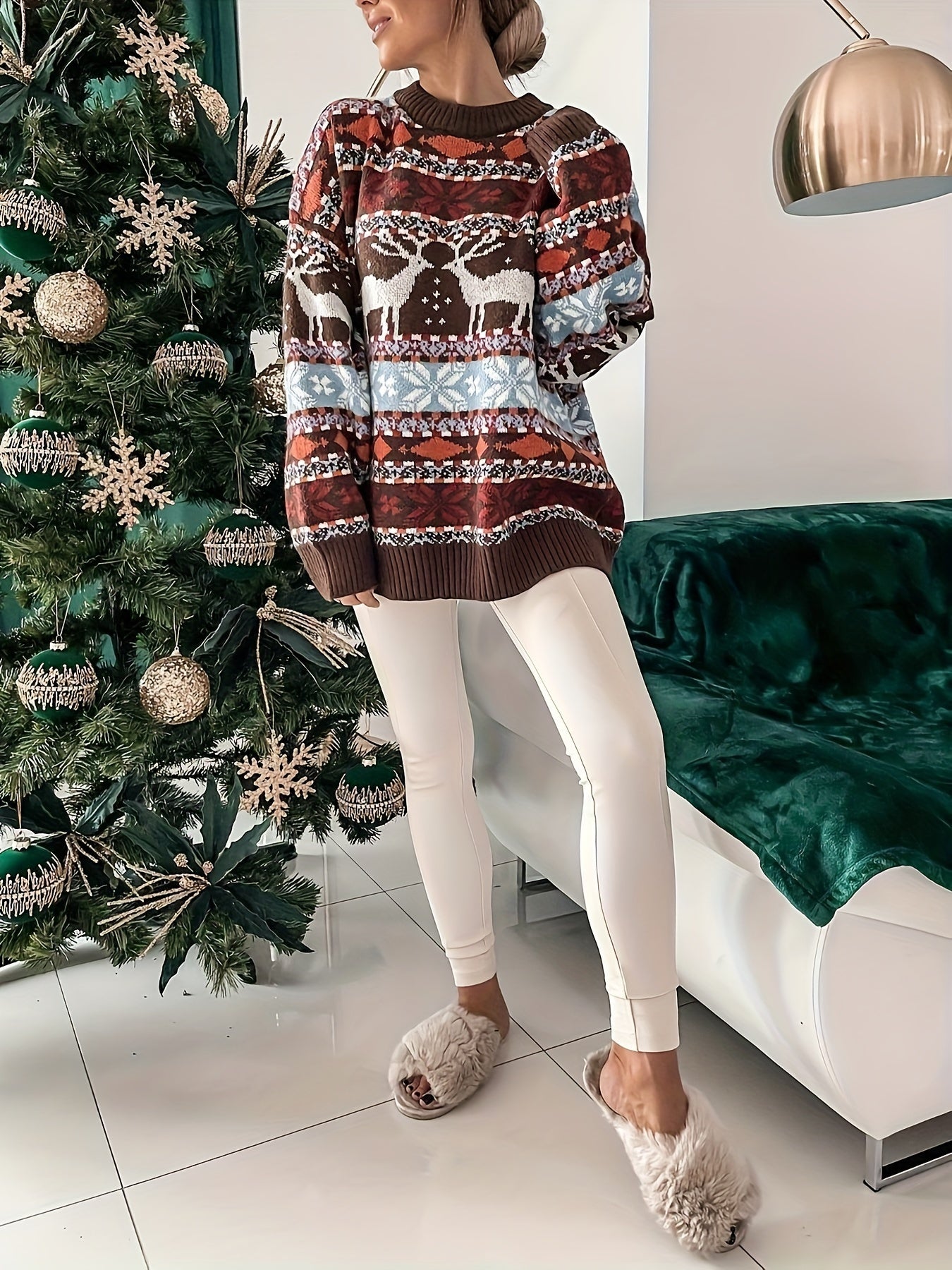 Cozy Christmas Pattern Crew Neck Sweater - Women's Casual Long Sleeve Pullover for Fall & Winter, Soft, Warm & Comfortable